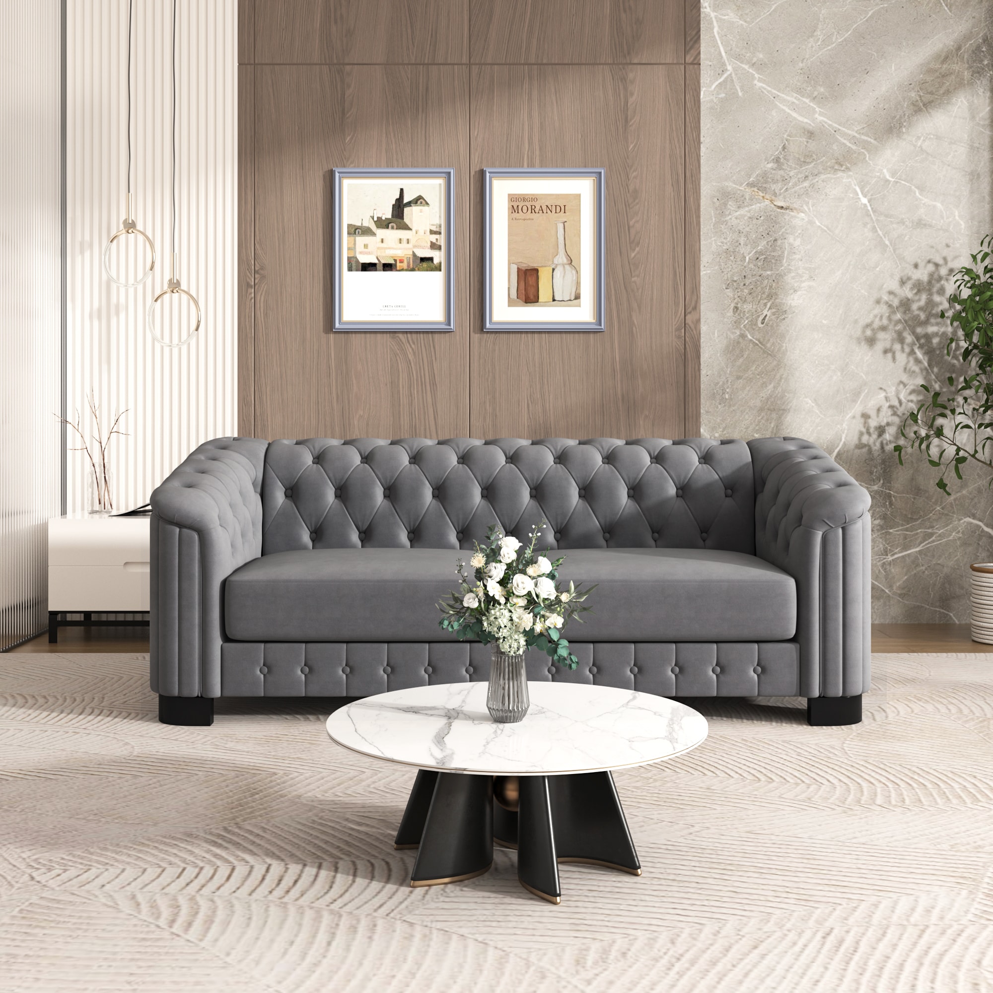 ModernLuxe N719S000576E 82.4inch Mid Century Modern Sofa with Rubber Wood LegsVelvet Upholstered Sofa CouchSofa with Thick Removable Seat Cushion 3 Seater Sofa Couch for Living RoomGray