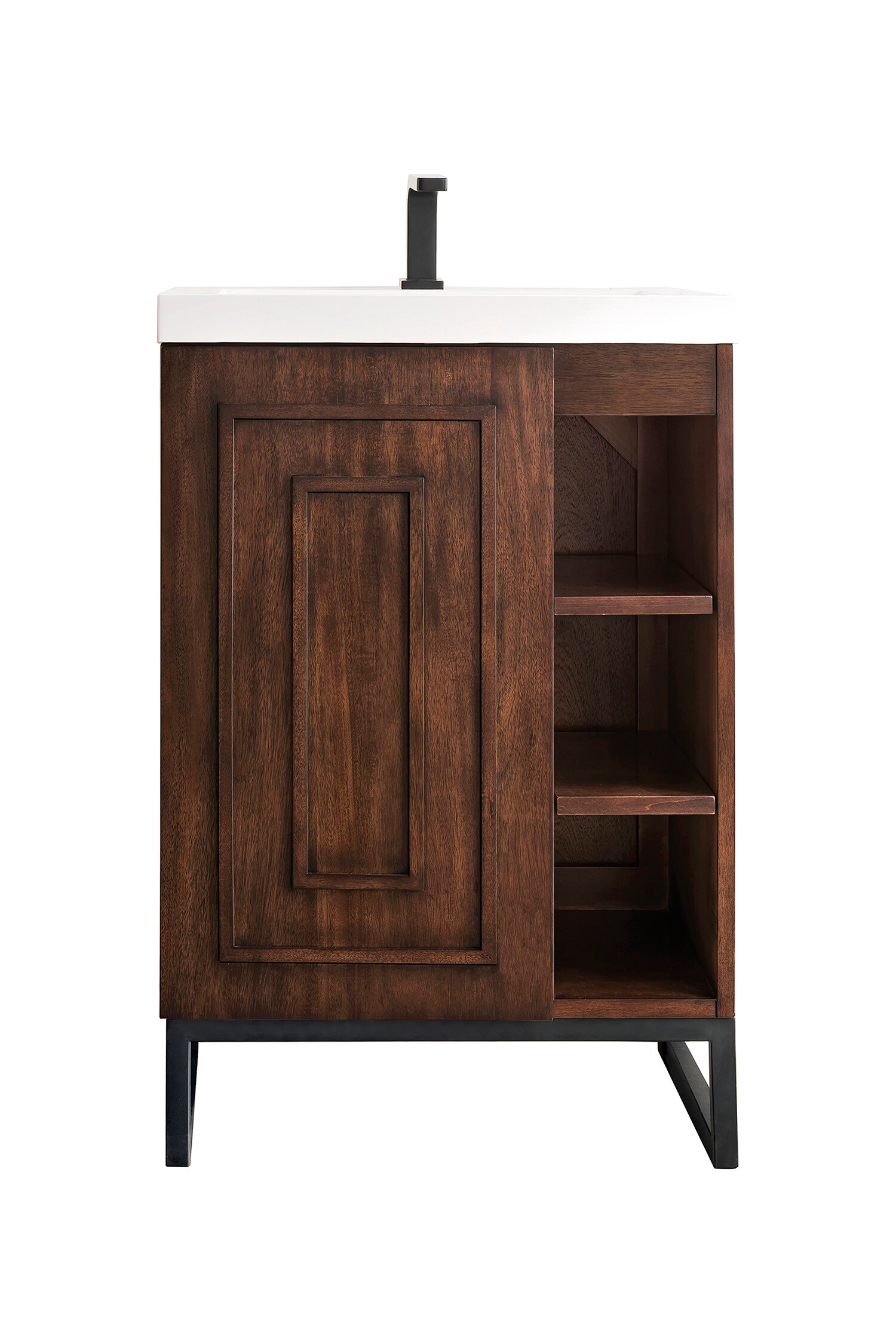 James Martin Vanities E110V24MCAMBKWG Alicante 24-in Mid-Century Acacia Single sink Bathroom Vanity with White Glossy Engineered stone Top