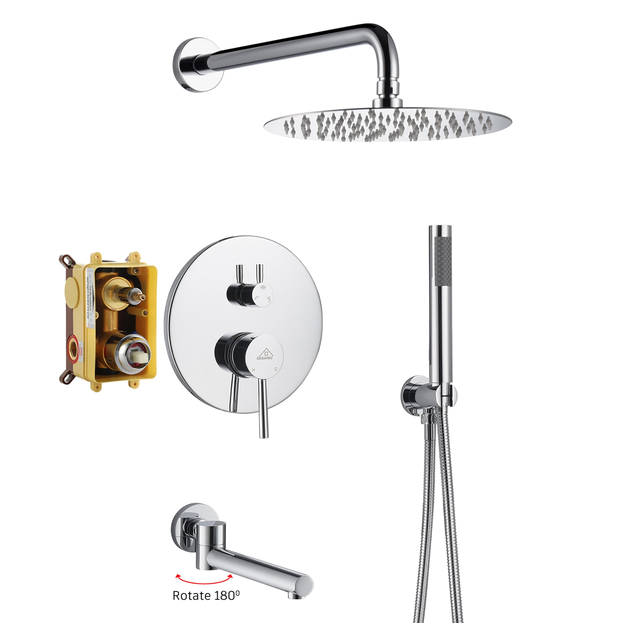 CASAINC M6202-A-10-CP Chrome 10-in Built-In Shower Faucet System with 3-way Diverter ( Pressure-balanced Valve Included )