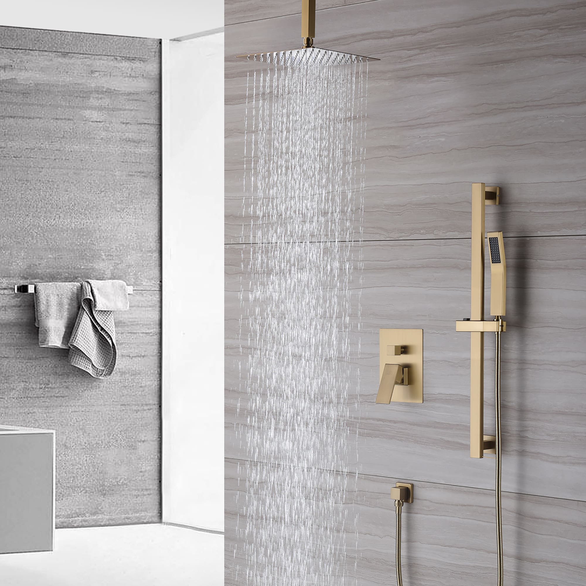 CASAINC Brushed Gold 10-in Built-In Shower Faucet System with 2-way ...