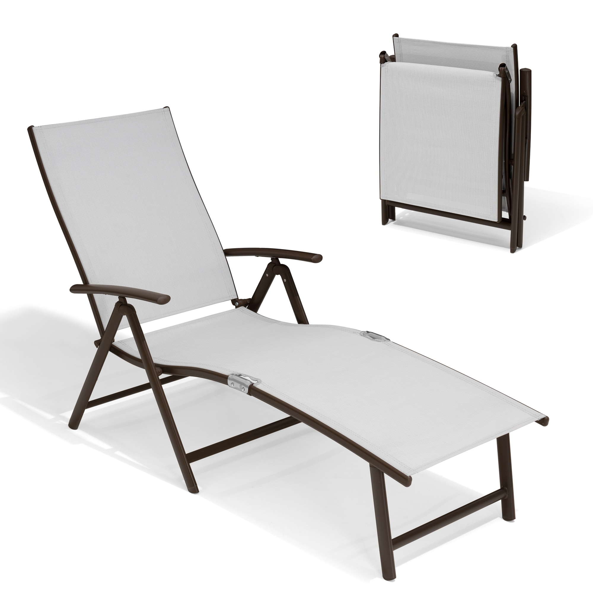 Crestlive Products CL-LG001LGY-1 Folding Patio Chaise Lounge Chair for Outside Brown Aluminum Frame Stationary Chaise Lounge Chair with White Textilene Mesh Seat