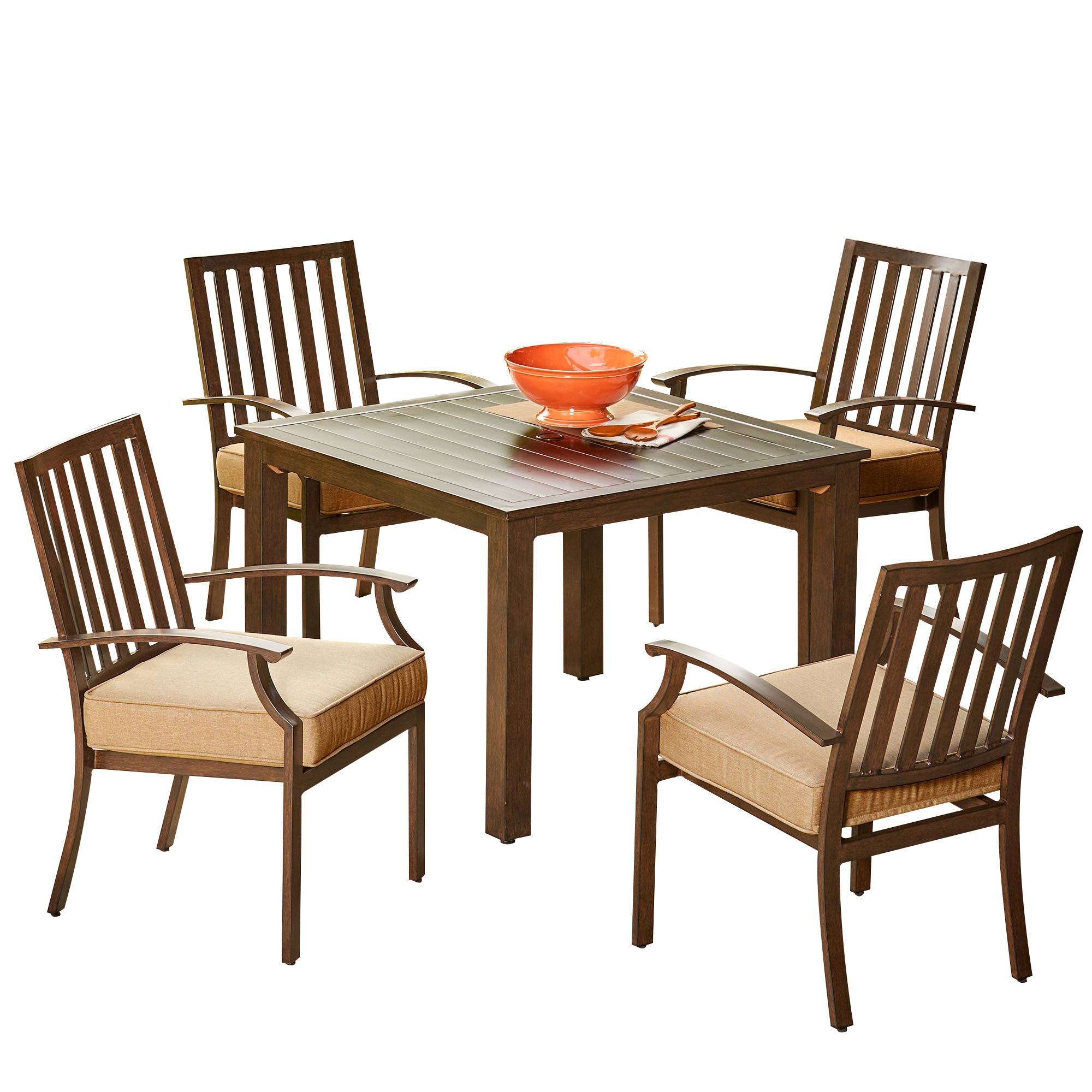 Royal Garden LAKDST511 Forest Glen 5 -Piece Brown Woodgrain Patio Dining Set Aluminum Square Table with 4 Tan Cushions Stationary Chairs