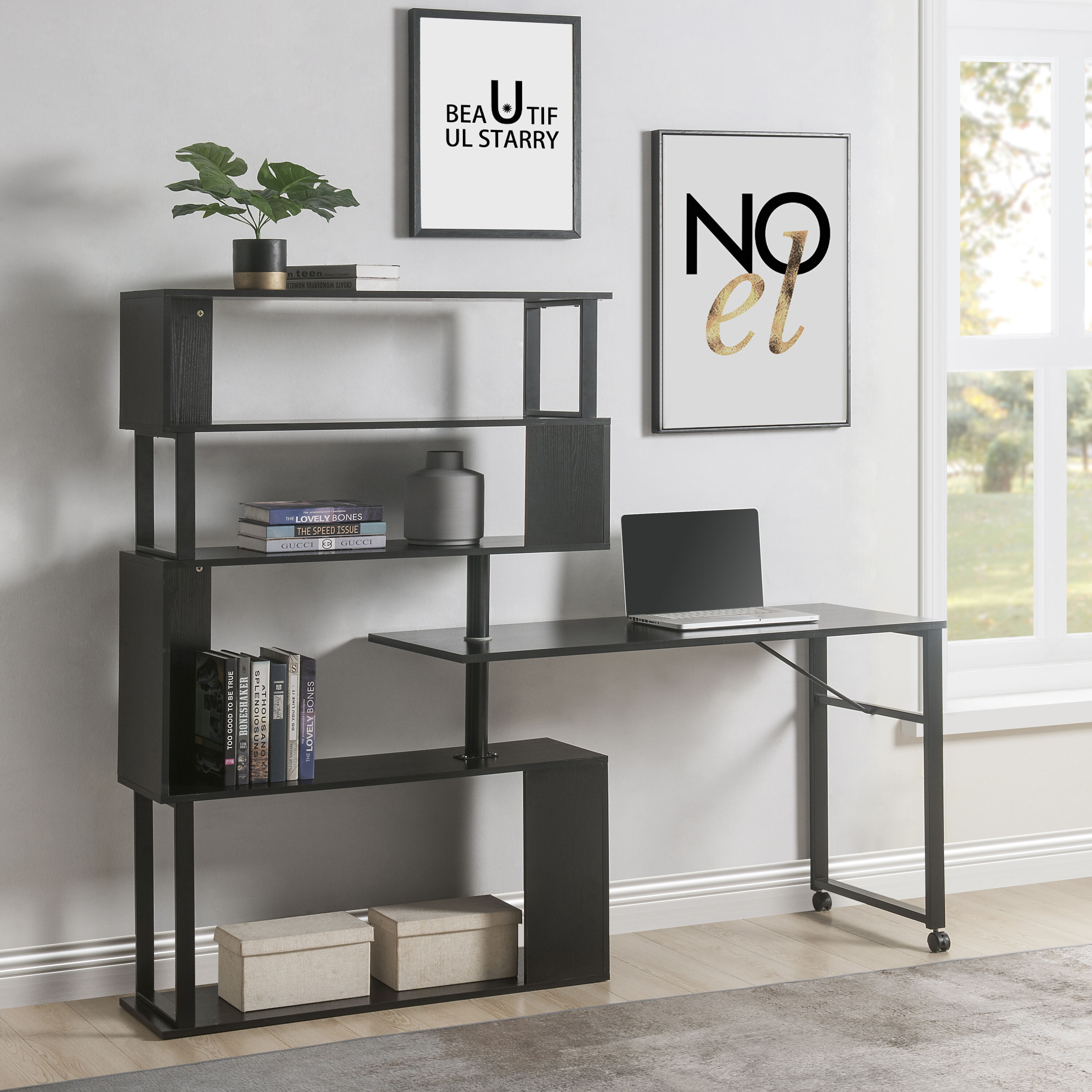 LOVMOR SF-Y-WF196079AAE Home Office Computer Desk L Shaped Corner Table Rotating Computer Table with 5 Tier Bookshelf Four Installation Methods Lockable Casters (Black)
