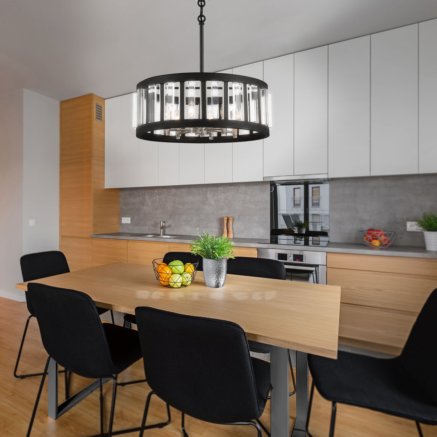 Sand Coal & Polished Nickel Drum Pendant Light with Glass Shade, 6-Light