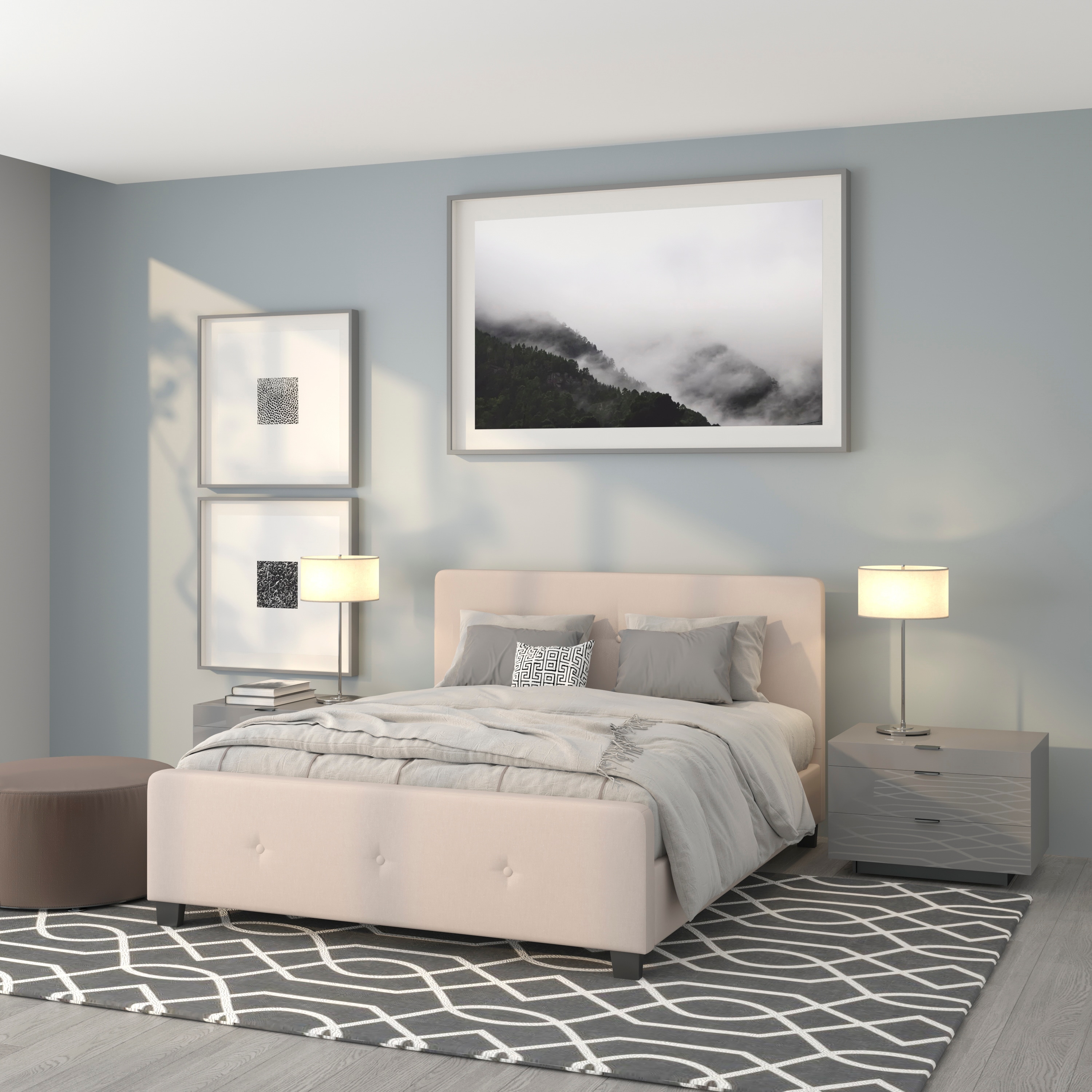 Casual Beige Queen Tufted Upholstered Platform Bed with Metal Frame