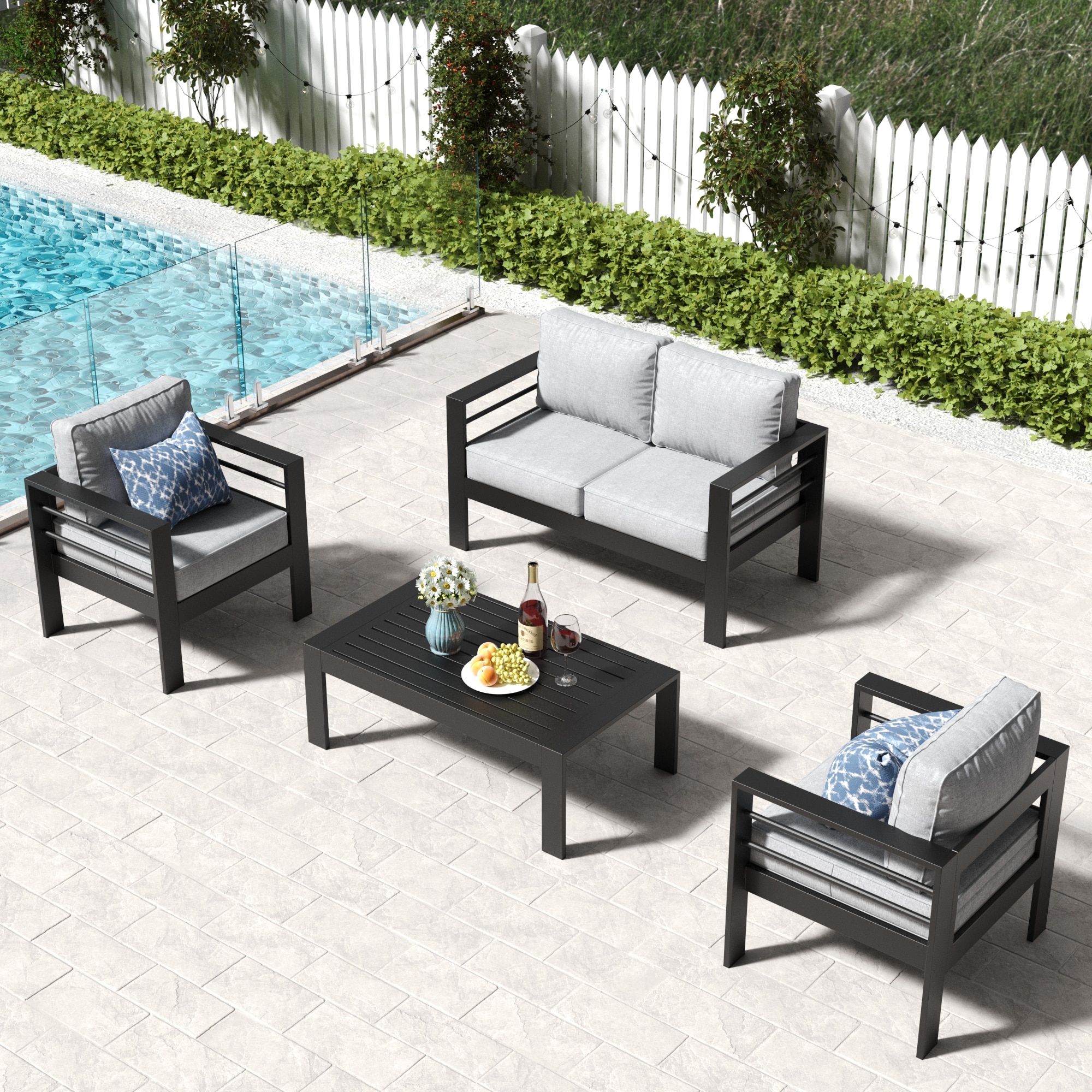 LayinSun WL5001-HE-2001 4 -Piece Outdoor Aluminum Patio Conversation Set with Light Gray Cushions