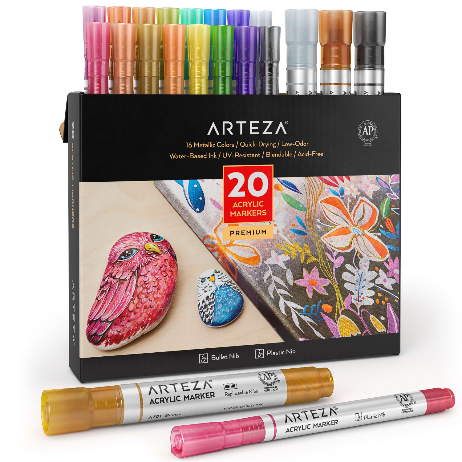 ARTEZA Arteza Metallic Acrylic Paint Markers Art Supply Set, 16 Colors- 20  Pack at