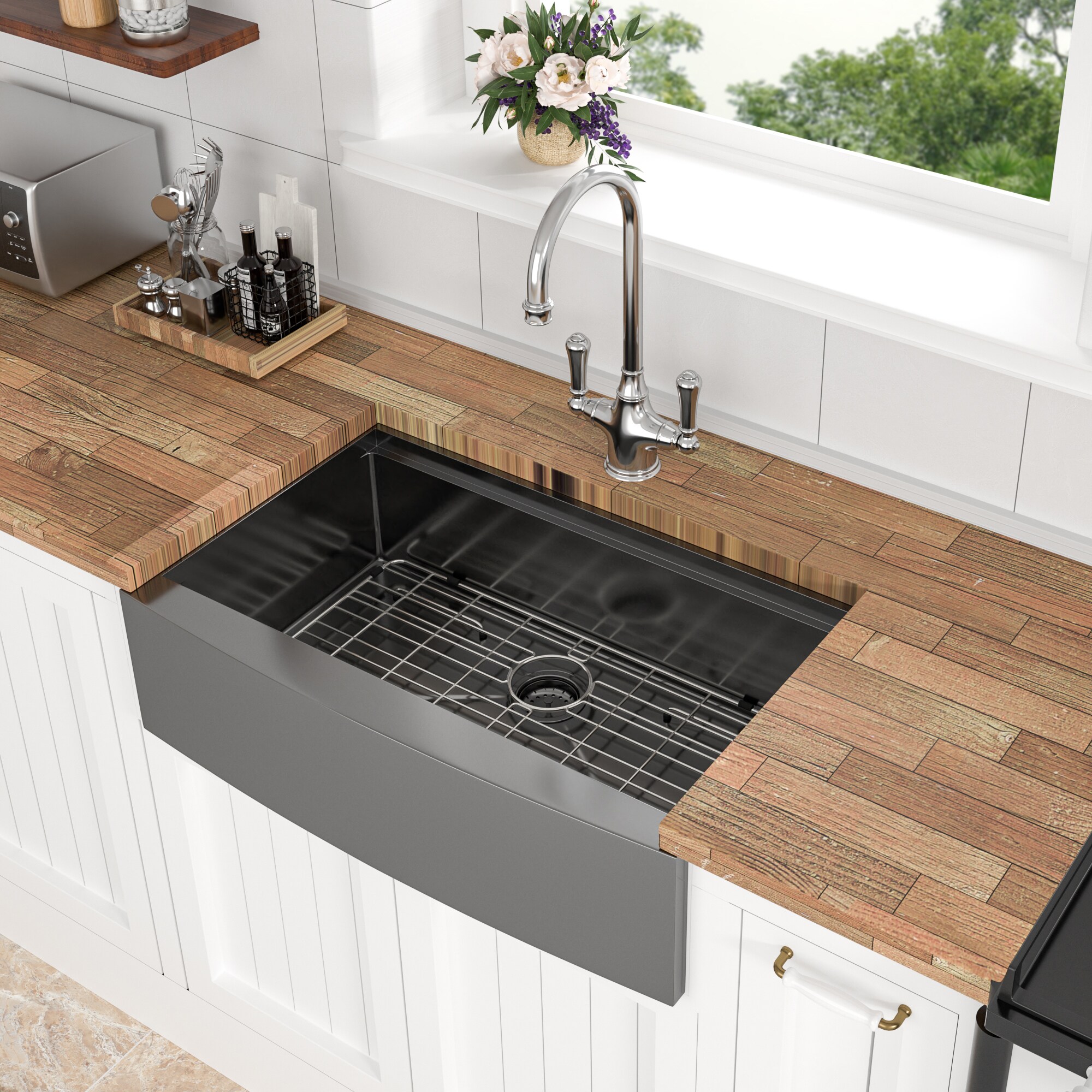 Lordear Farmhouse Kitchen Sink with Step Farmhouse Apron Front 30-in x ...