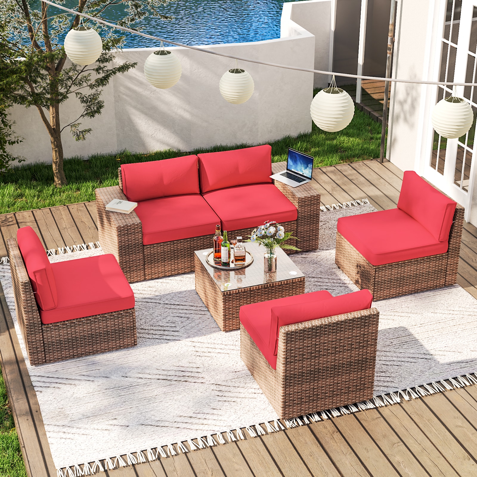 AOXUN LS-039RDAB 6 -Piece Rattan Patio Sofa Conversation Set with Red Cushions