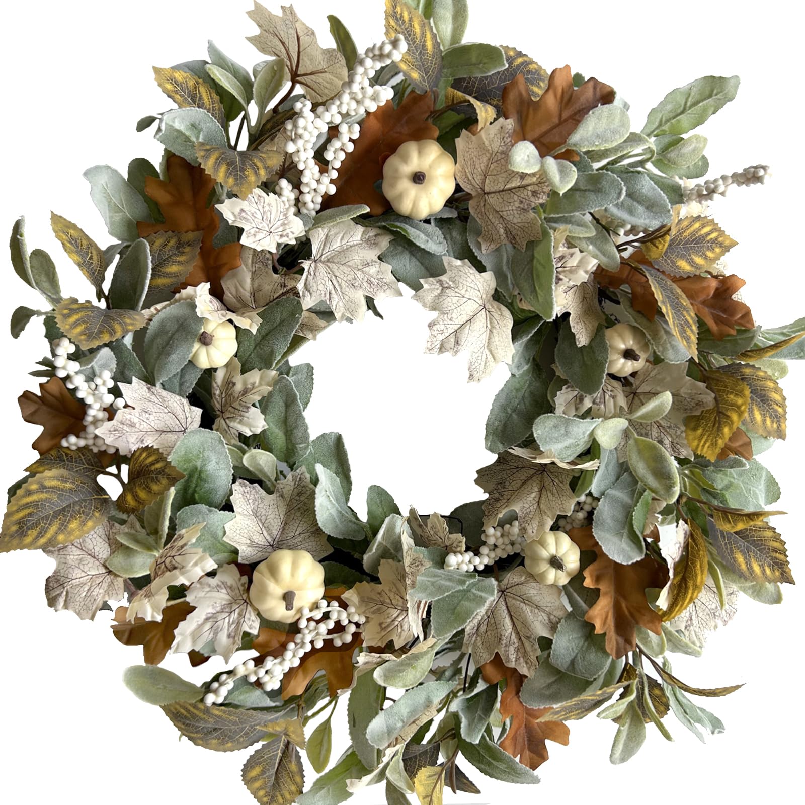 Misopily  20 inch Fall Maple Leaves Wreath with White Berry and White Pumpkin for Front Door Harvest Festival Autumn Indoor Outdoor Decor
