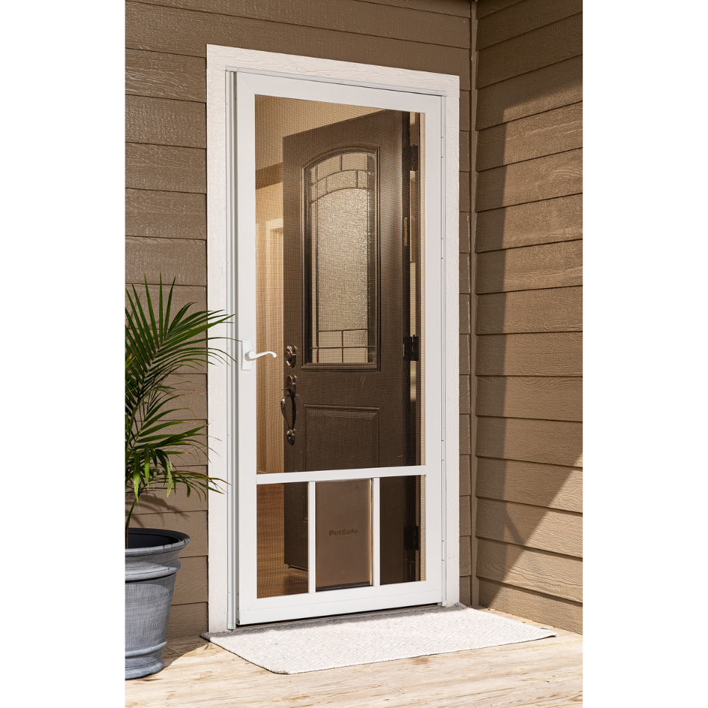 Screen door with outlet dog door