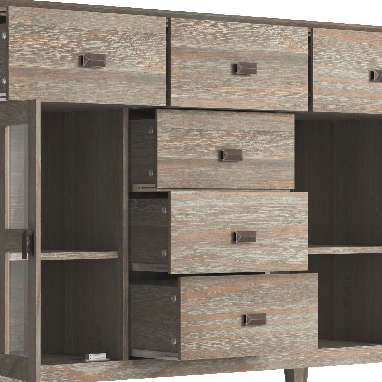 Distressed Gray Pine Sideboard Buffet with Antique Bronze Handles