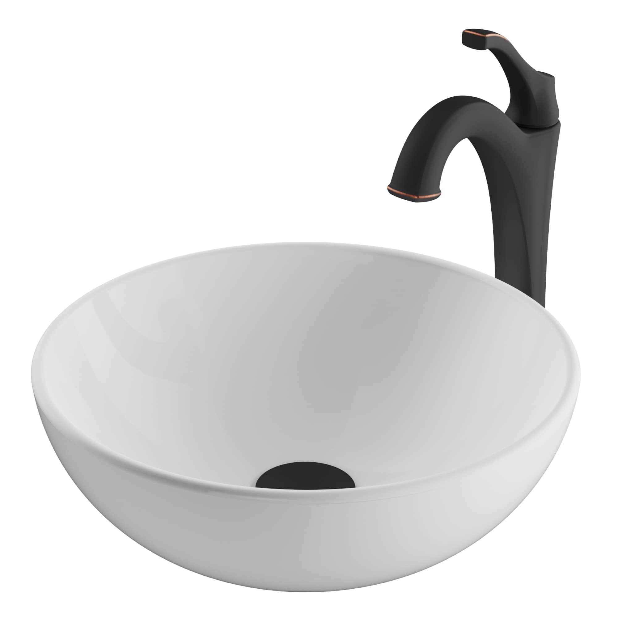 Kraus Elavo 14-inch Round White Porcelain Ceramic Bathroom Vessel Sink and Arlo Faucet Combo Set with Pop-Up Drain in Oil Rubbed Bronze Finish