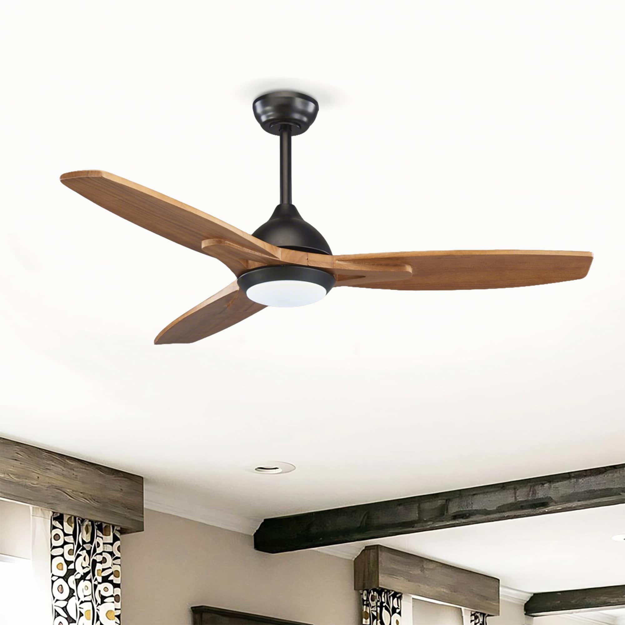 Sevenine Hollcrest 52 in. Matte Black with 3 Soild Wood Blades Integrated LED Indoor Downrod Ceiling Fan with Light and Remote Control Included