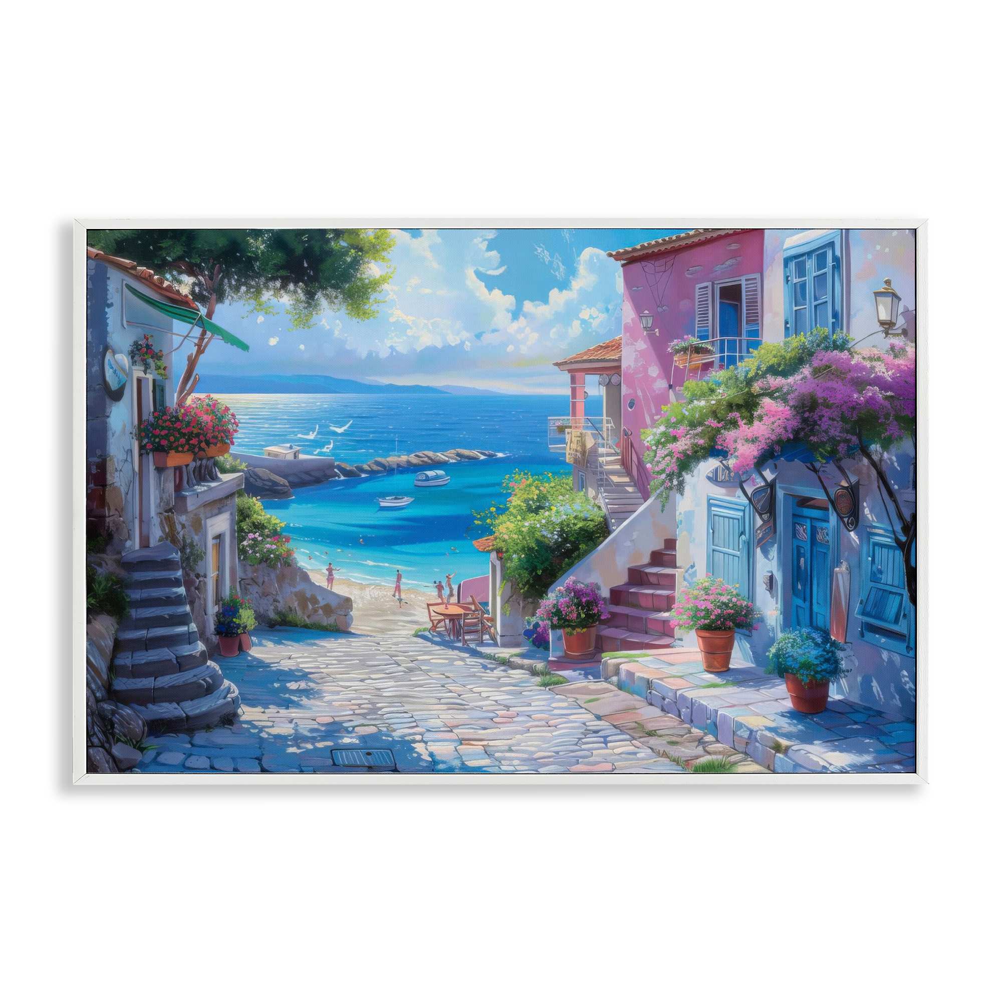 Stupell Industries BT-729-WFR-12X18 Seaside Village Cobblestones White Framed Giclee Art By LSR Design Studio 18 x 12