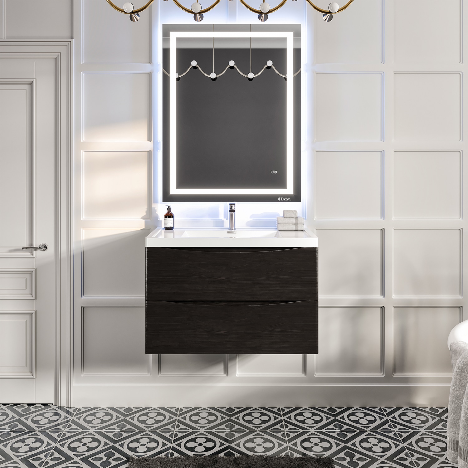 Eviva EVVN900-36CHNT-WMN Smile 36-in Chestnut Single Sink Floating Bathroom Vanity with White Acrylic Top