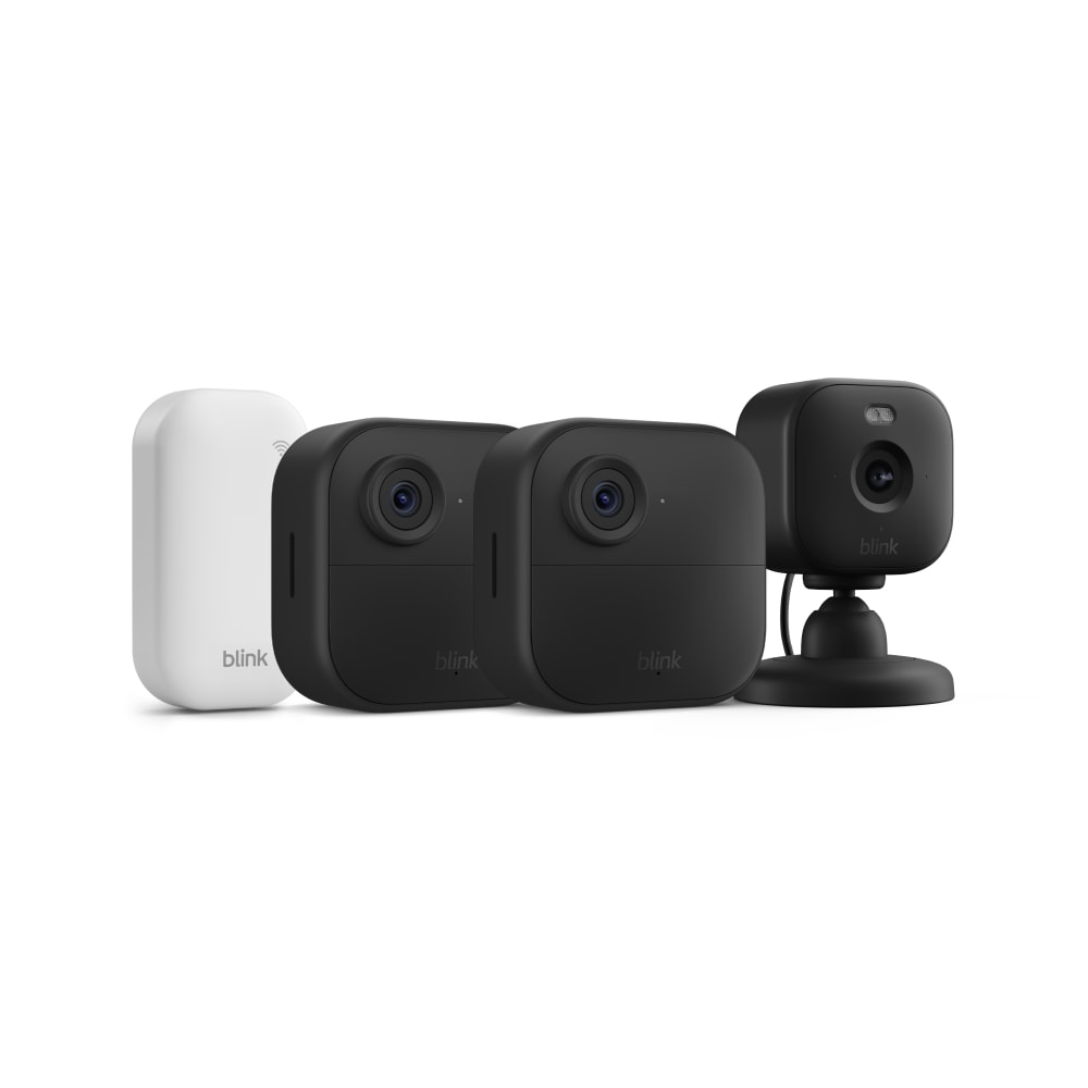 Blink  Outdoor 4 - Wireless Smart Security Camera 2-Pack + Mini 2 Plug-in Smart Security Camera, Black Bundle (Sync Module Core Included)