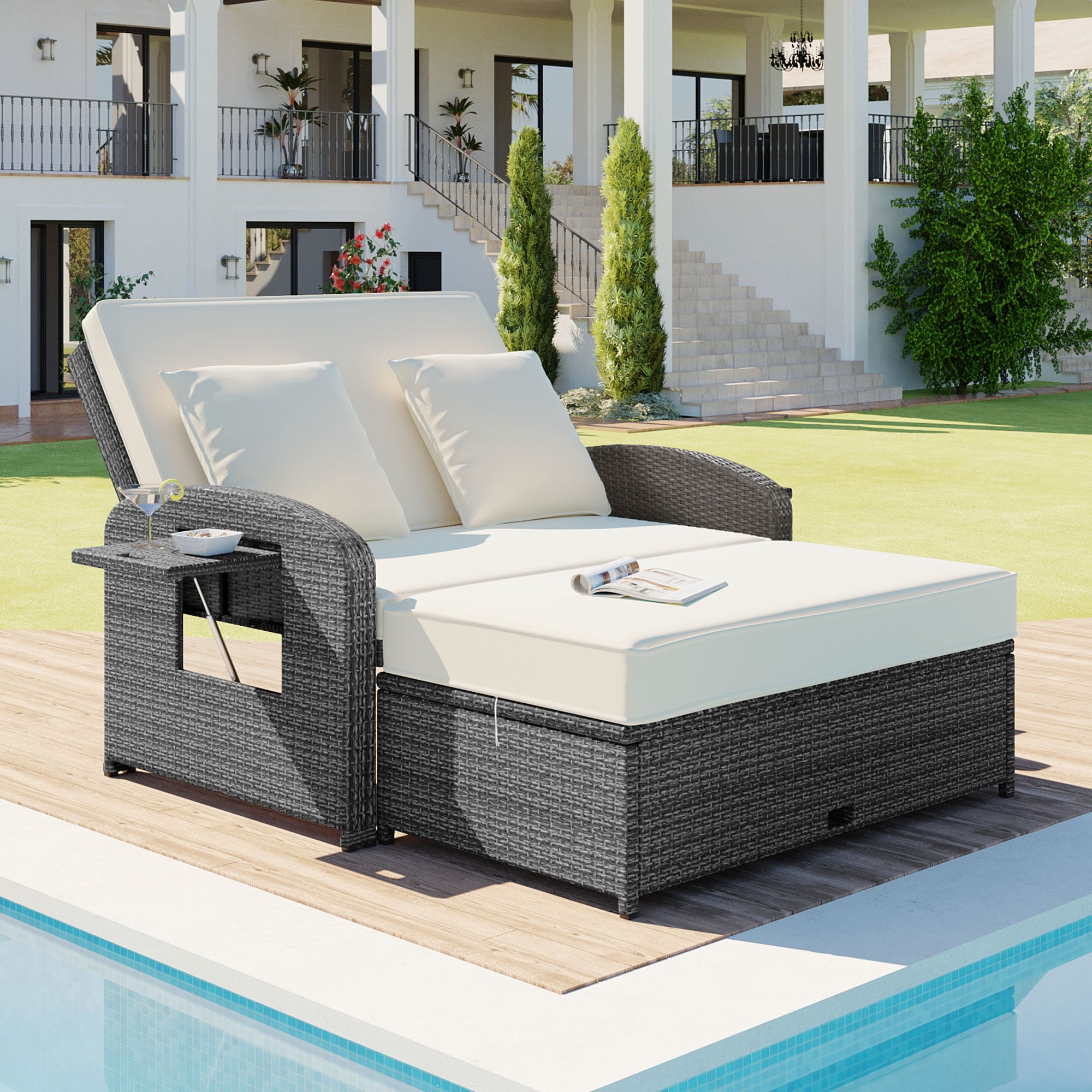 JIMSMAISON BOTMPDB05W Rattan Outdoor Daybed with White Cushions and Steel Frame