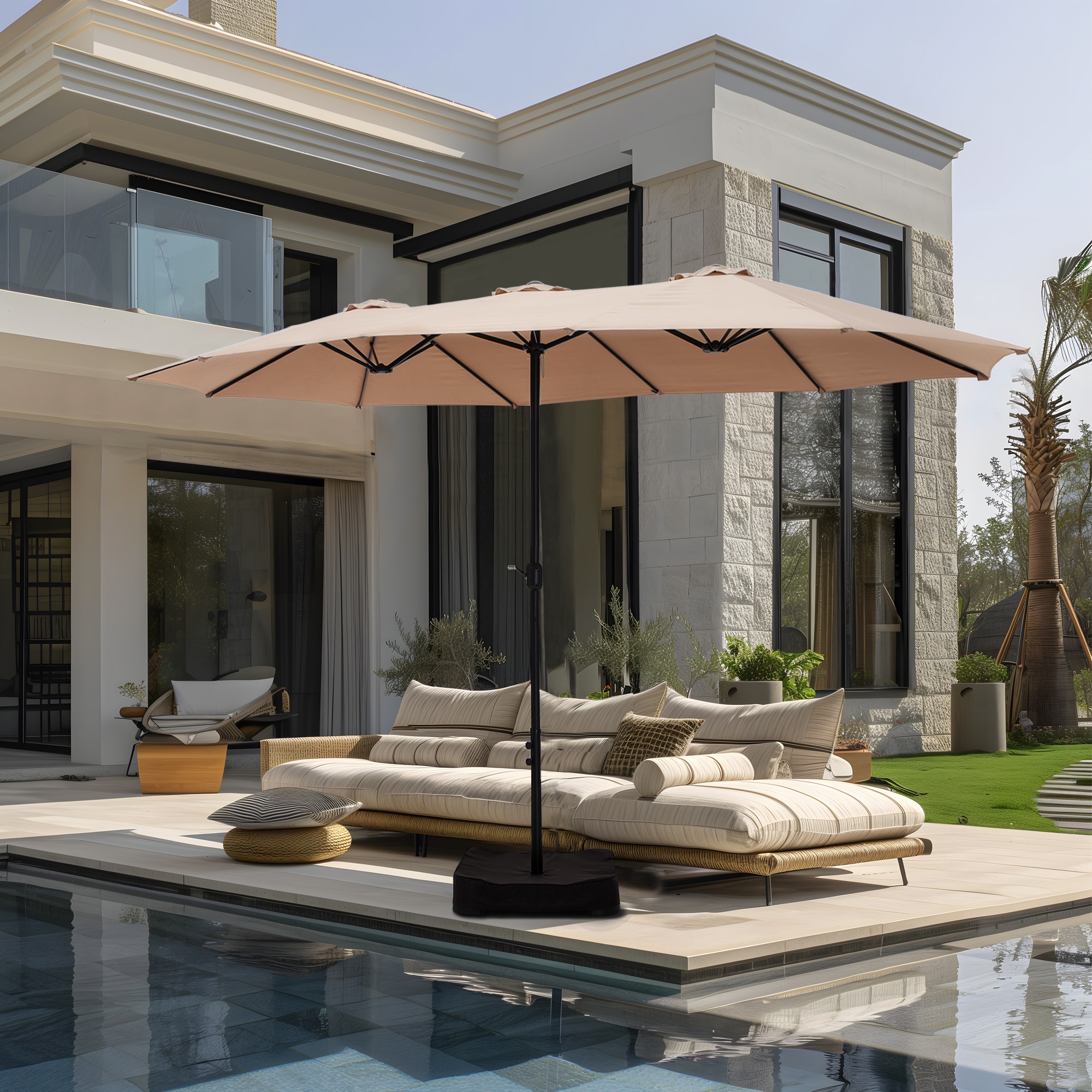 Sunshine Valley E02GM031-H-WB 15-ft Steel Beige No-tilt Market Patio Umbrella with Base