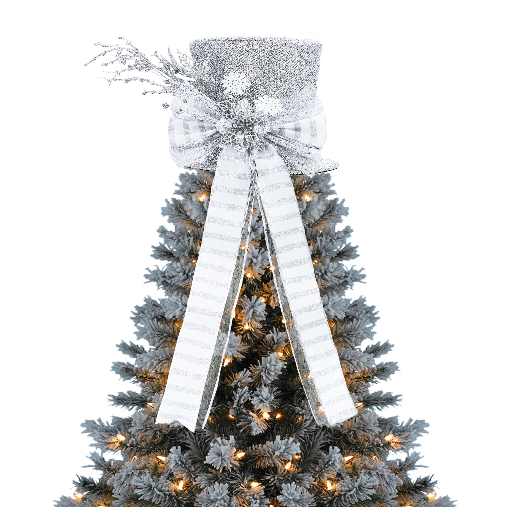 Garvee Sparkling Glitter Christmas Tree Leader Bow - Festive Christmas Tree Topper with Decorative Spruce Branch - Snowman Themed Accent for Home and Table Top - Silver - 9.8Inch
