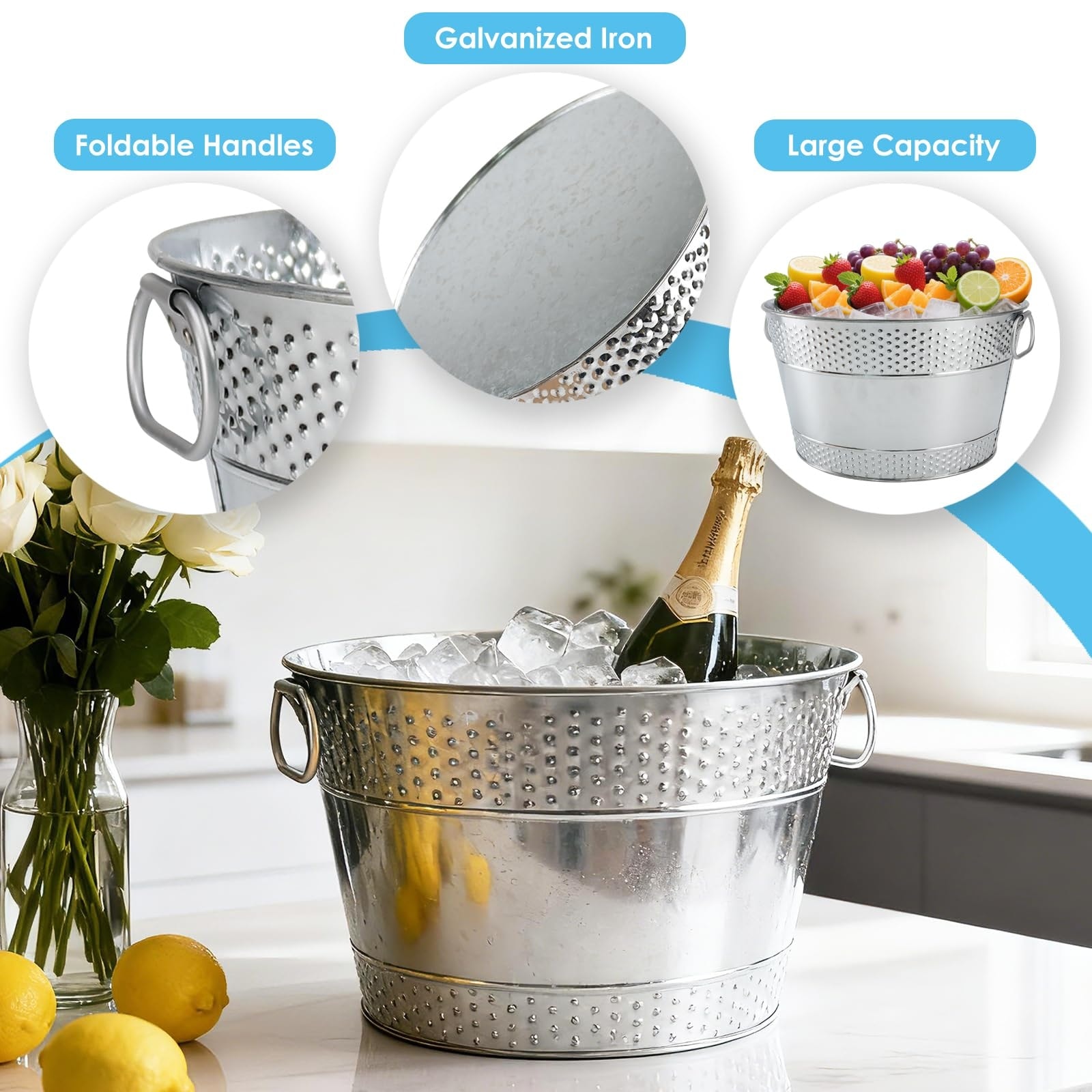 Aoibox  Large 10 7L Galvanized Metal Beverage Tub with Handles for Indoor and Outdoor Parties 12 9 in Diameter x