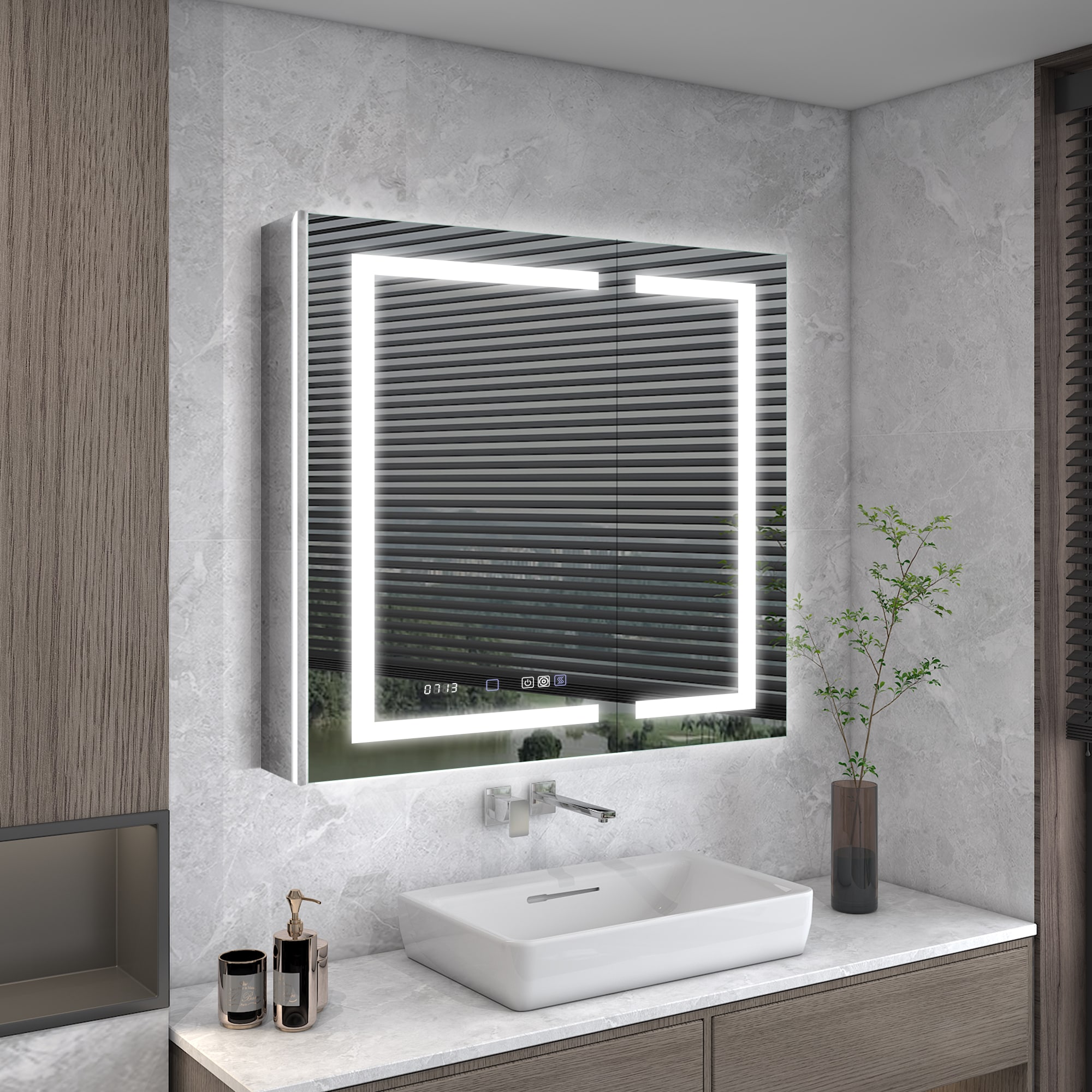 WELLFOR BCB2032GMG --LS V11 30-in x 36-in Lighted LED Fog Free Surface/Recessed Mount Silver Mirrored Rectangle Soft Close Medicine Cabinet with Outlet