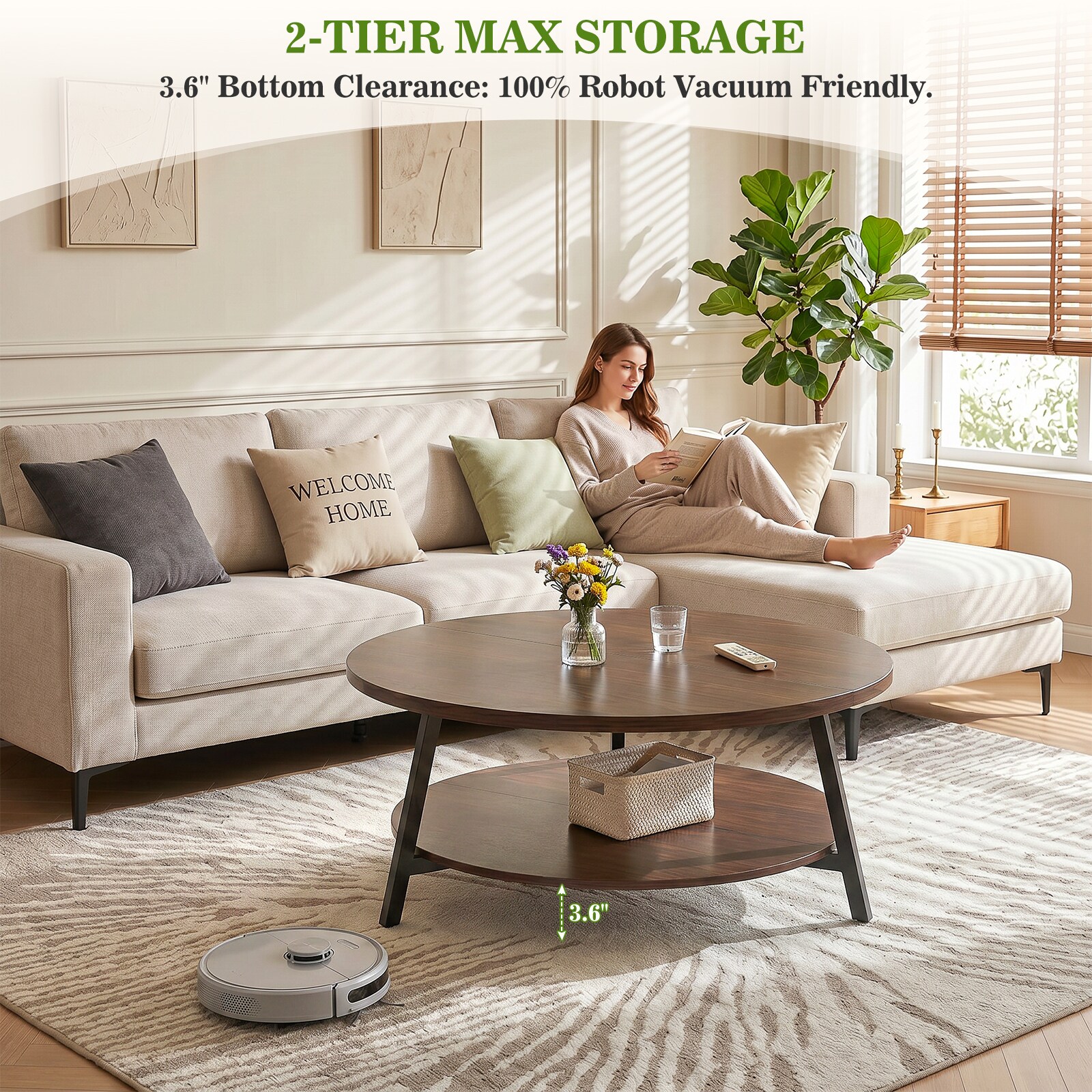 Aheaplus 35.4-in W Wood Round Coffee Table with 2 Tier 200 Lbs Load ...