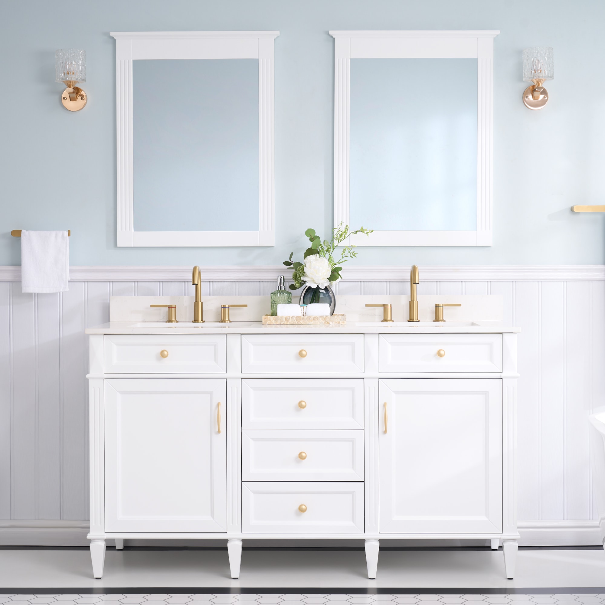 WELLFOR ELISA60QZ-WT ELISA Solid Wood Bathroom Vanities with Top 60-in White Undermount Double Sink Bathroom Vanity with Carrera White Quartz Top