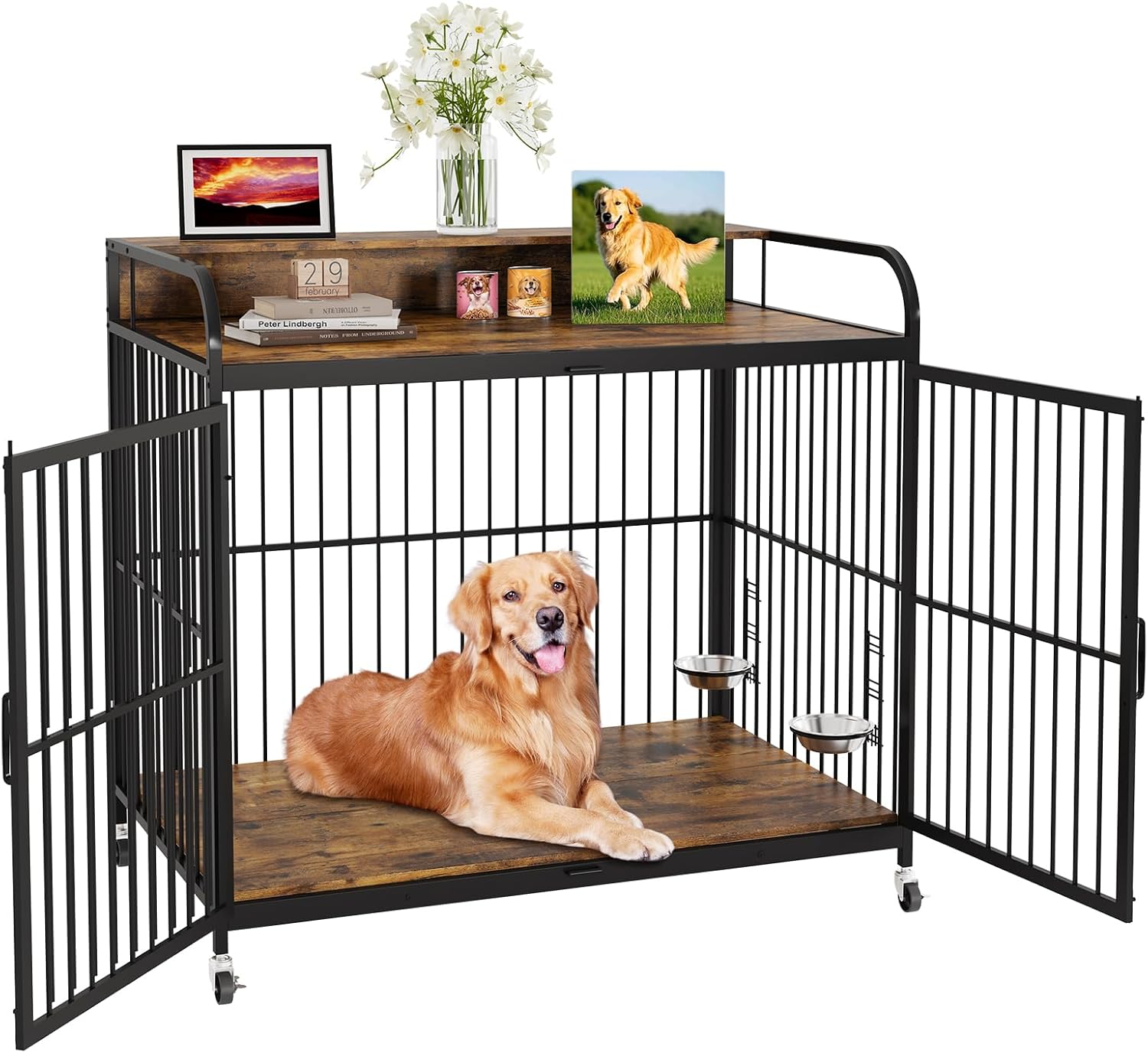 Qeetex PD-PHO-14EMU1DK 32-Inch Dog Crate Furniture-Adjustable Feeder Height-360-Degree Swivel Casters-For Small Dogs-Rustic Brown