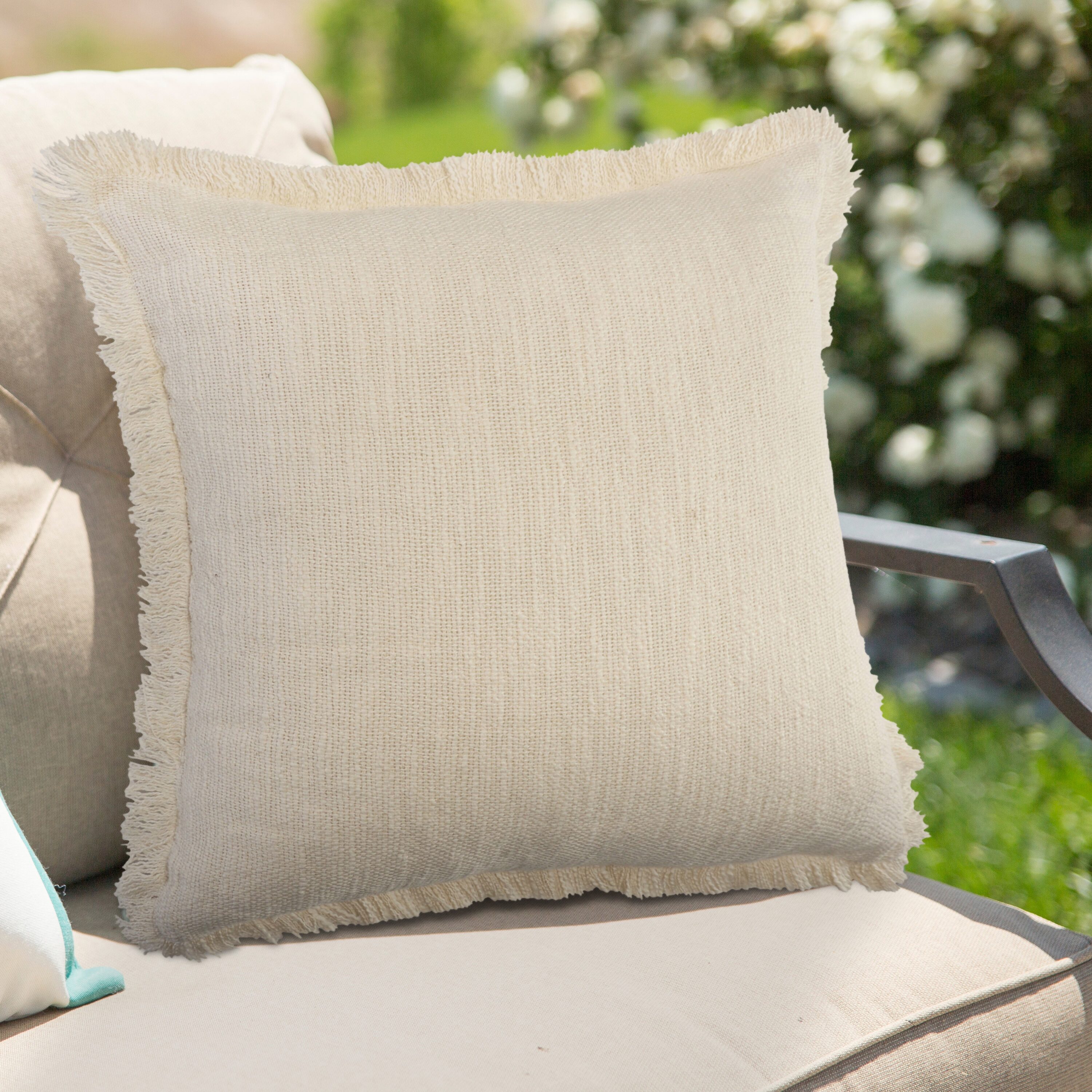 Off-White Cotton 20" Square Fringed Throw Pillow