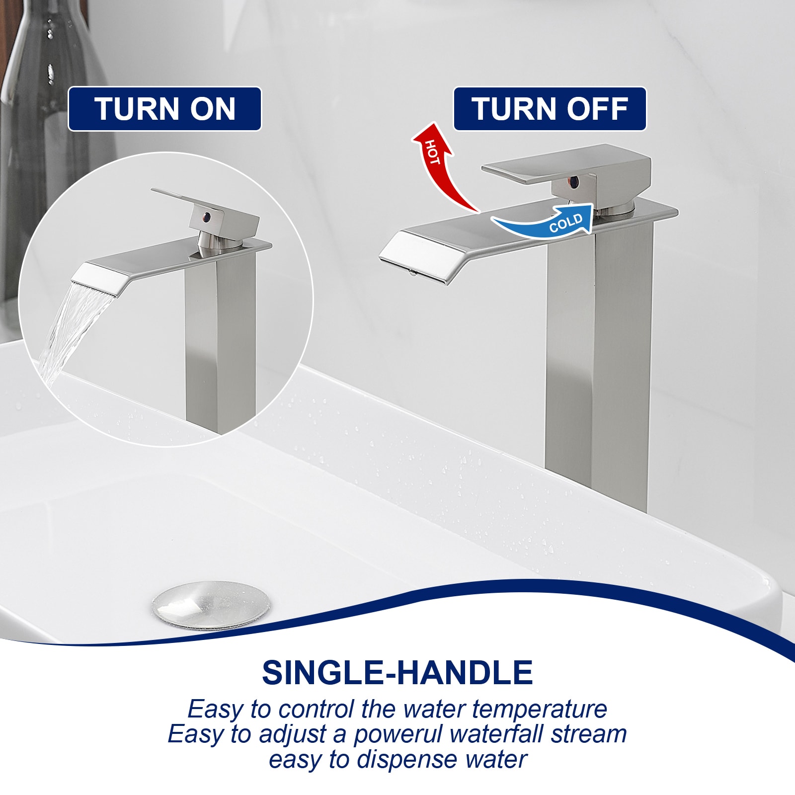 Brushed Nickel Waterfall Vessel Sink Faucet with Pop-Up Drain