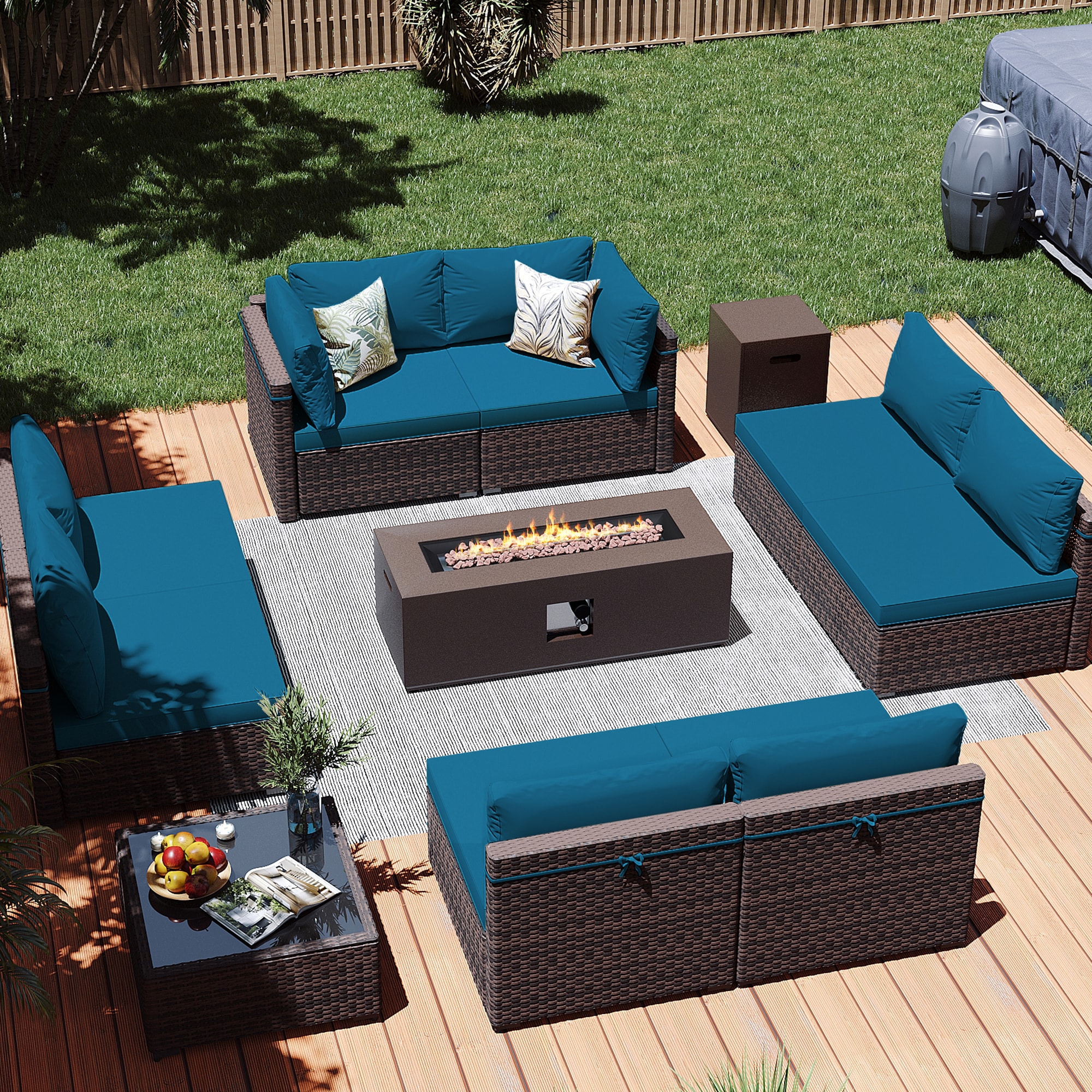 Patio Watcher LS-RT9-KD42CBR-B5 10 -Piece Rattan Patio Conversation Set with Blue Cushions