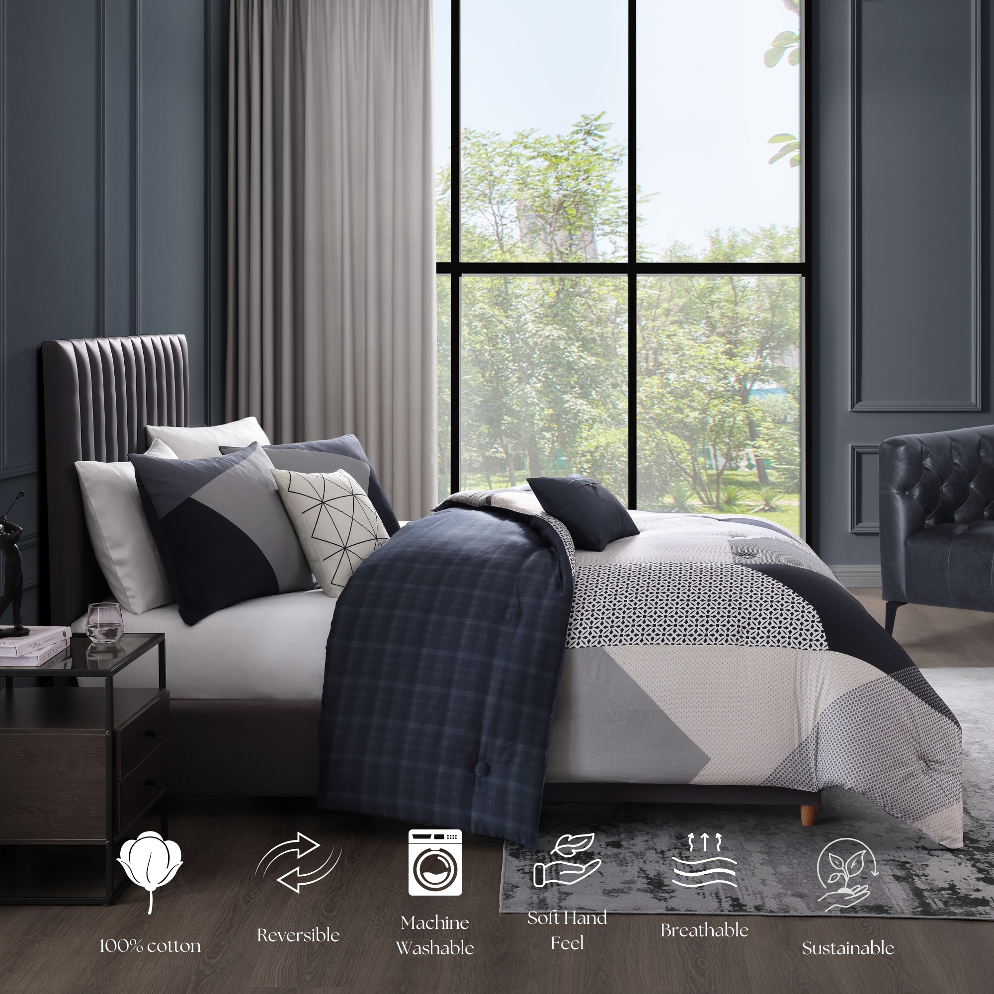 Geo Fusion Navy and Gray Cotton King Comforter Set