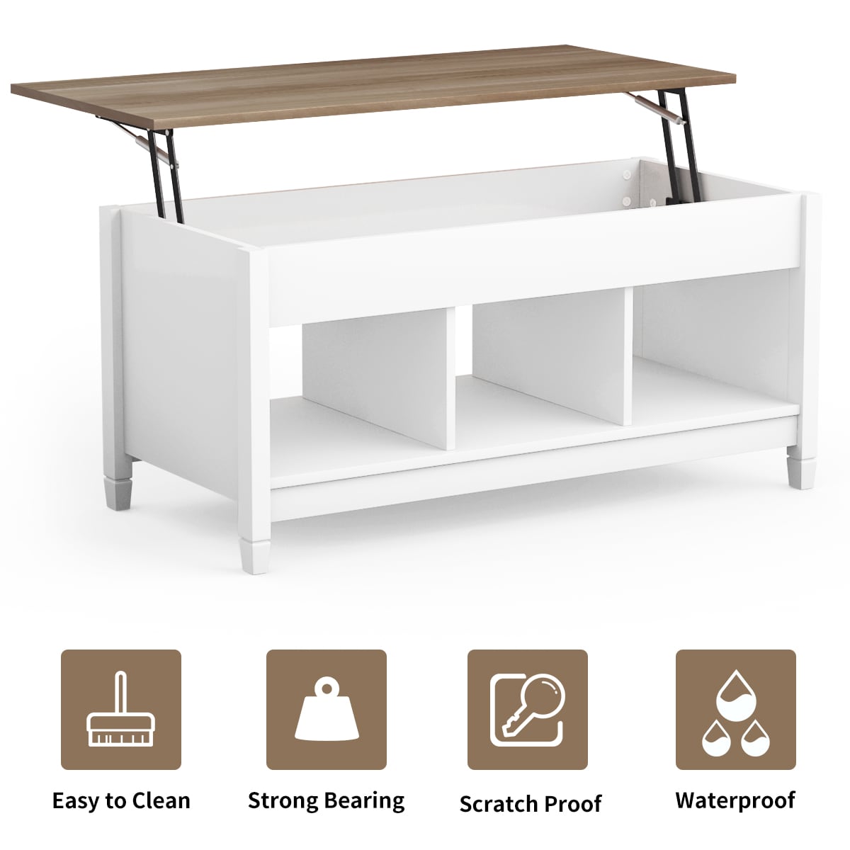 Contemporary White and Brown Rectangular Lift-Top Coffee Table with Storage