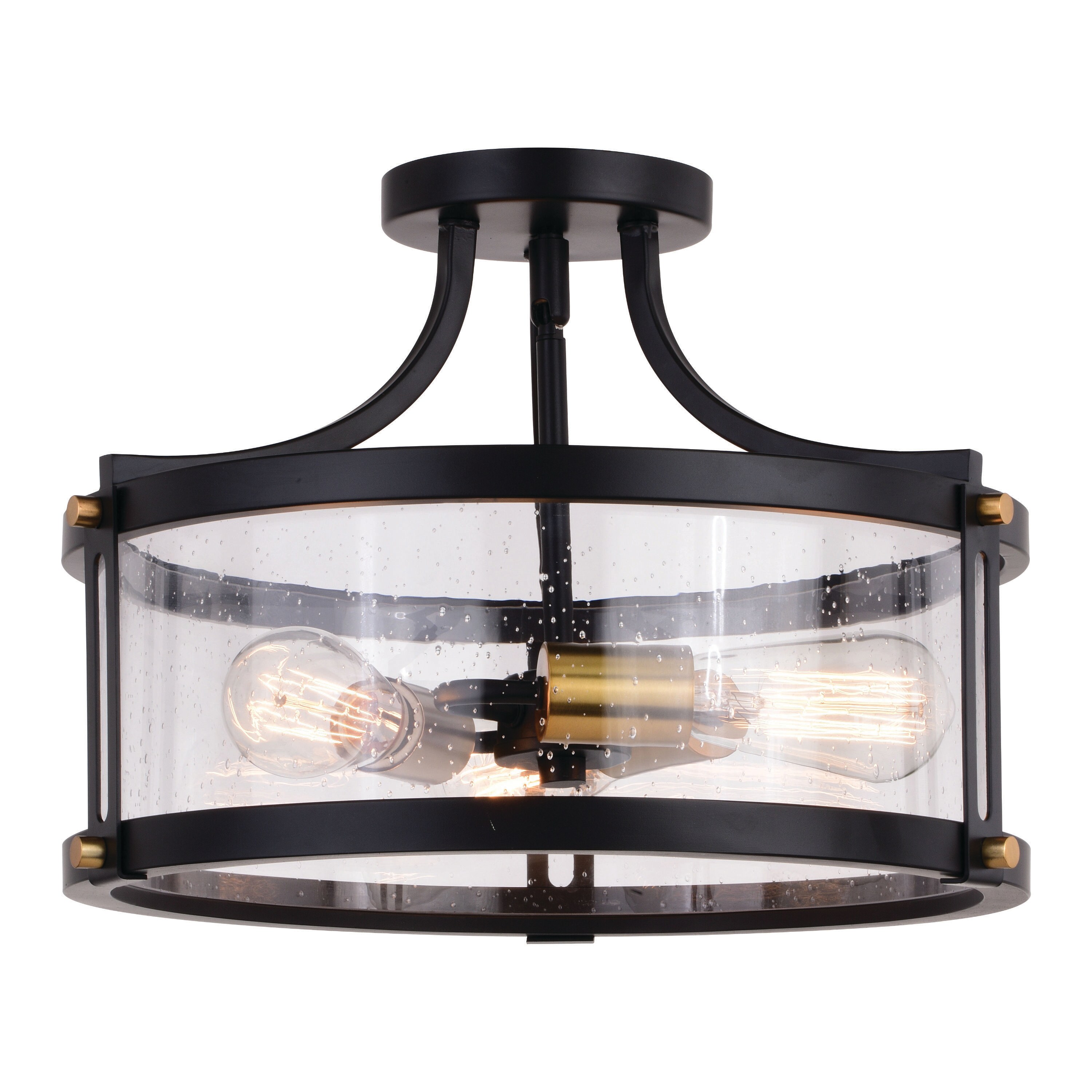 Holbrook 15.75" Matte Black & Satin Brass Drum Semi-Flush Mount with Clear Seeded Glass