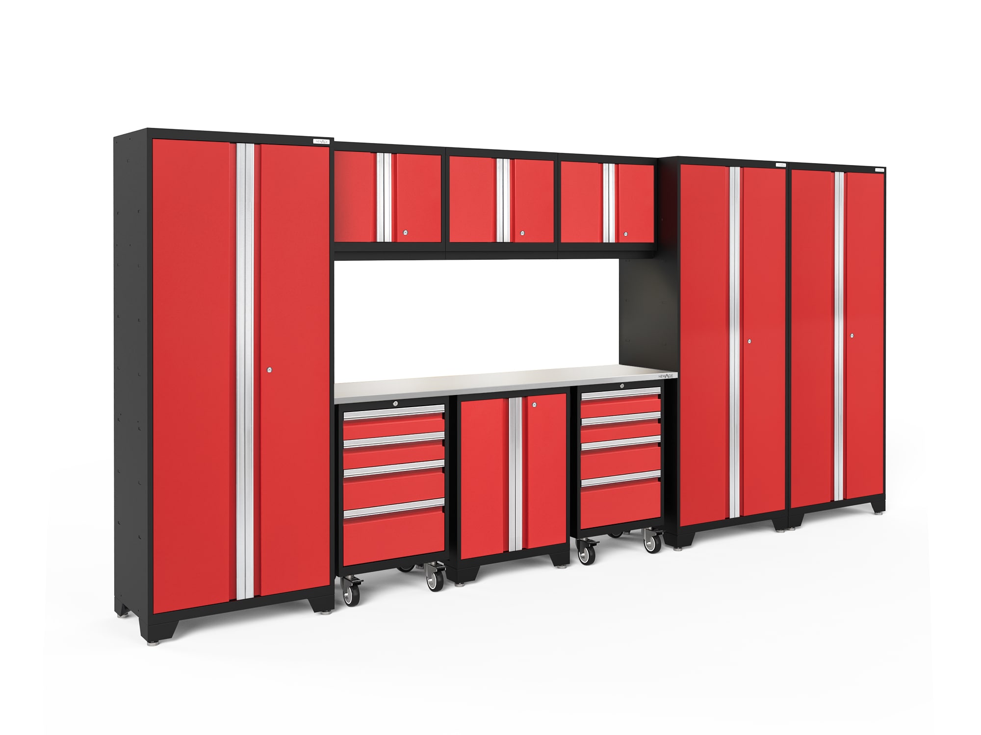 162-in W x 76.75-in H 9-Cabinets Steel Deep Red Garage Storage System Stainless Steel | - NewAge Products 50635