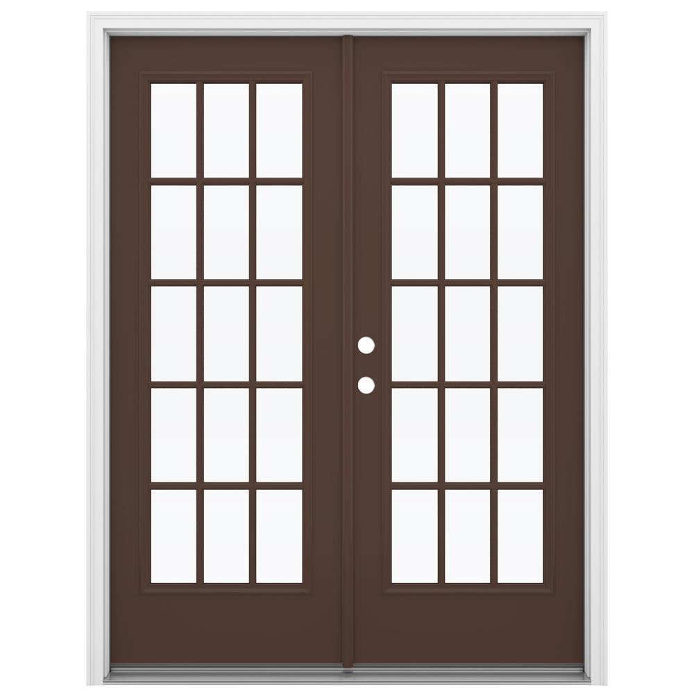 JELD-WEN French 60-in x 80-in x 4-9/16-in Jamb Low-e External Grilles Dark Chocolate Steel French Right-Hand Inswing Double Patio Door Brickmould -  LOWOLJW206000020