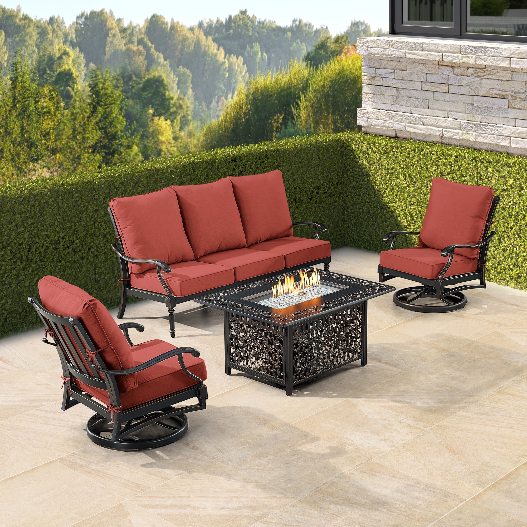 Oakland Living SHACO1SF2CHCABOSRDCU Fire Pit Table Set, Sofa and Two Lounge Chairs 15-Piece Patio Sofa Conversation Set with Red Cushions