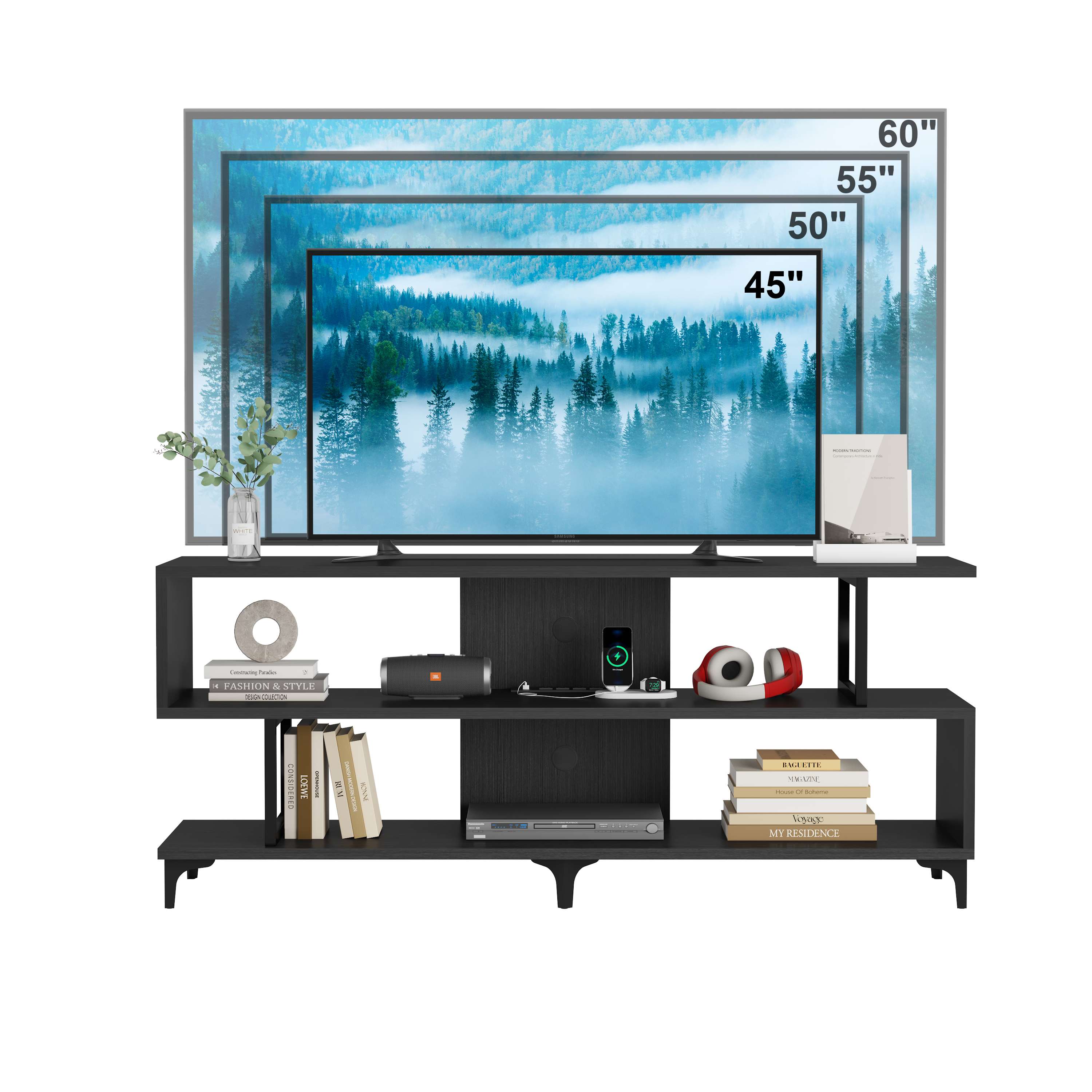 Qeetex JXNAG-PHO-133ZJK85 TV Stand for TVs up to 65 Inch Entertainment Center with Power Outlet and Cable Management TV and Media Consol for Living Room-Black