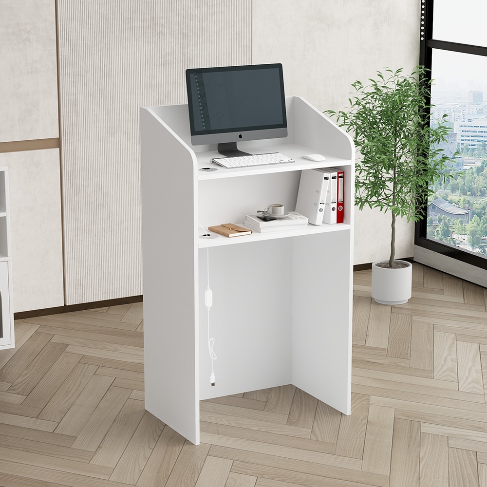 Homsee Reception Desk with LED Light Strip Open Shelves and Cable ...