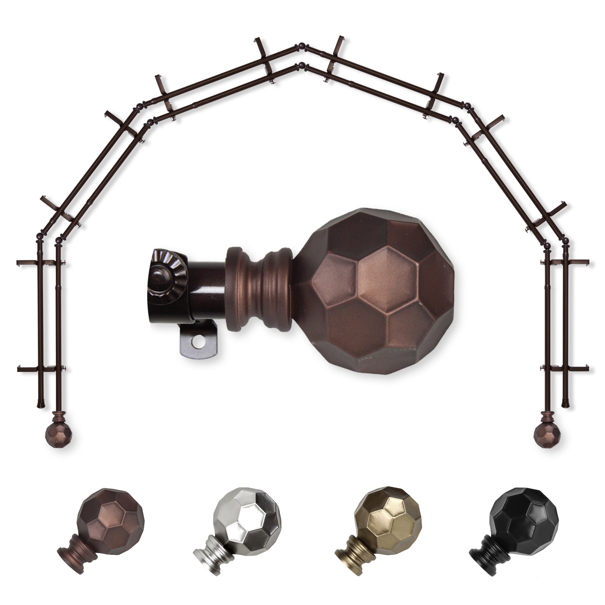 Hart & Harlow L-6BAY-90-7D Massimo 6-Sided Double Bay Cocoa Steel Bay window curtain rod with Finials