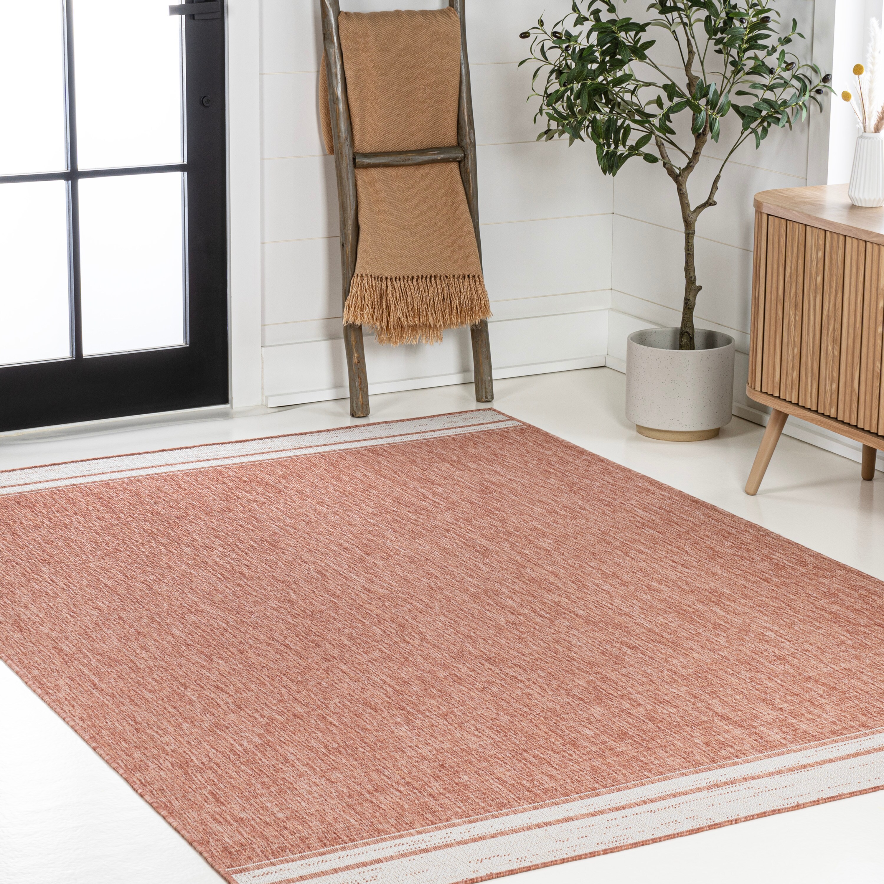 Salmon and Cream Synthetic Reversible Indoor/Outdoor Rug 3x5