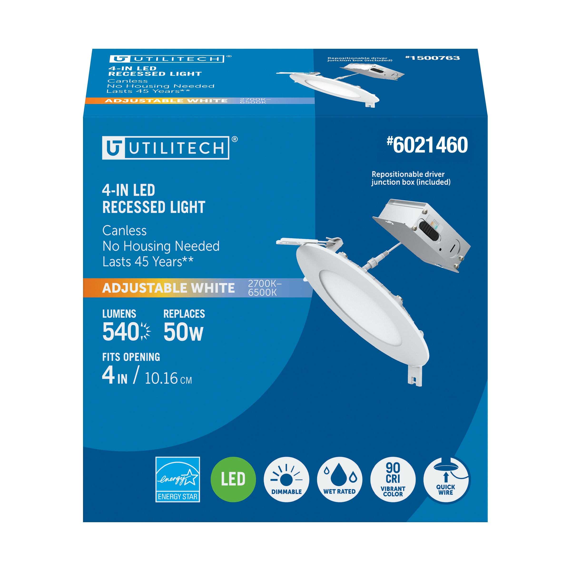 Utilitech LLEDR4XT/5CCTCA White 4-in 540 -Lumens Switchable white Round Dimmable LED Canless Wet rated Recessed Downlight
