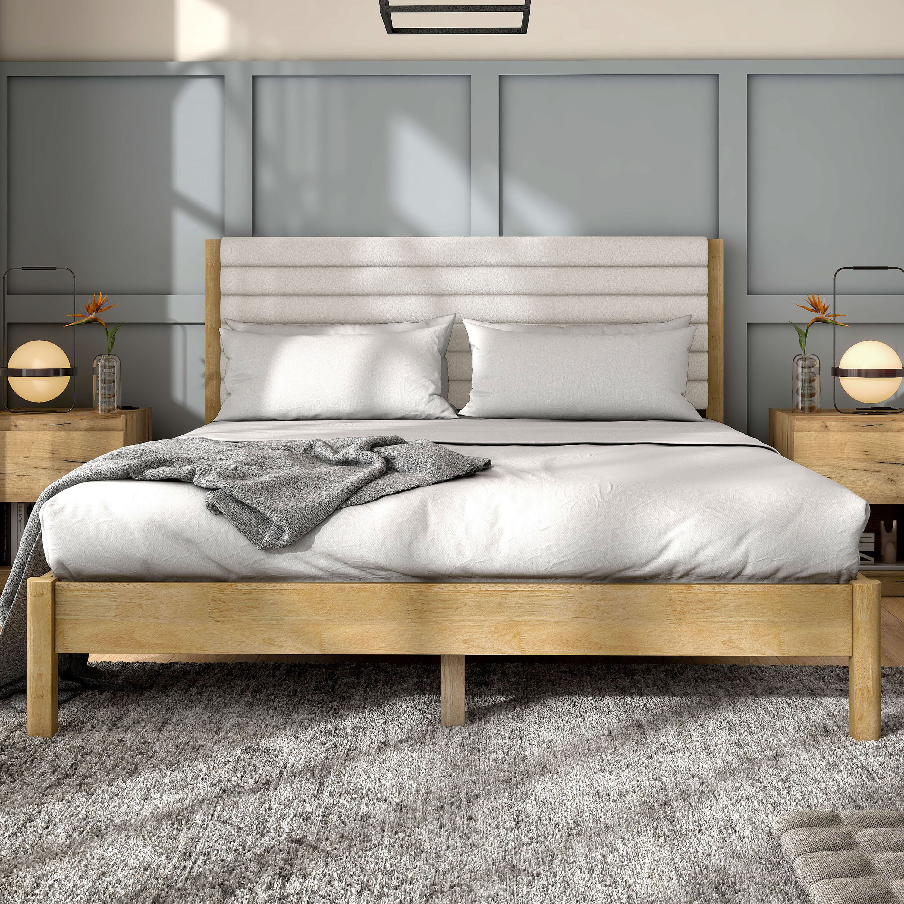Furniture of America EC-7232WH-Q Adin Natural, White Queen Wood Platform Bed