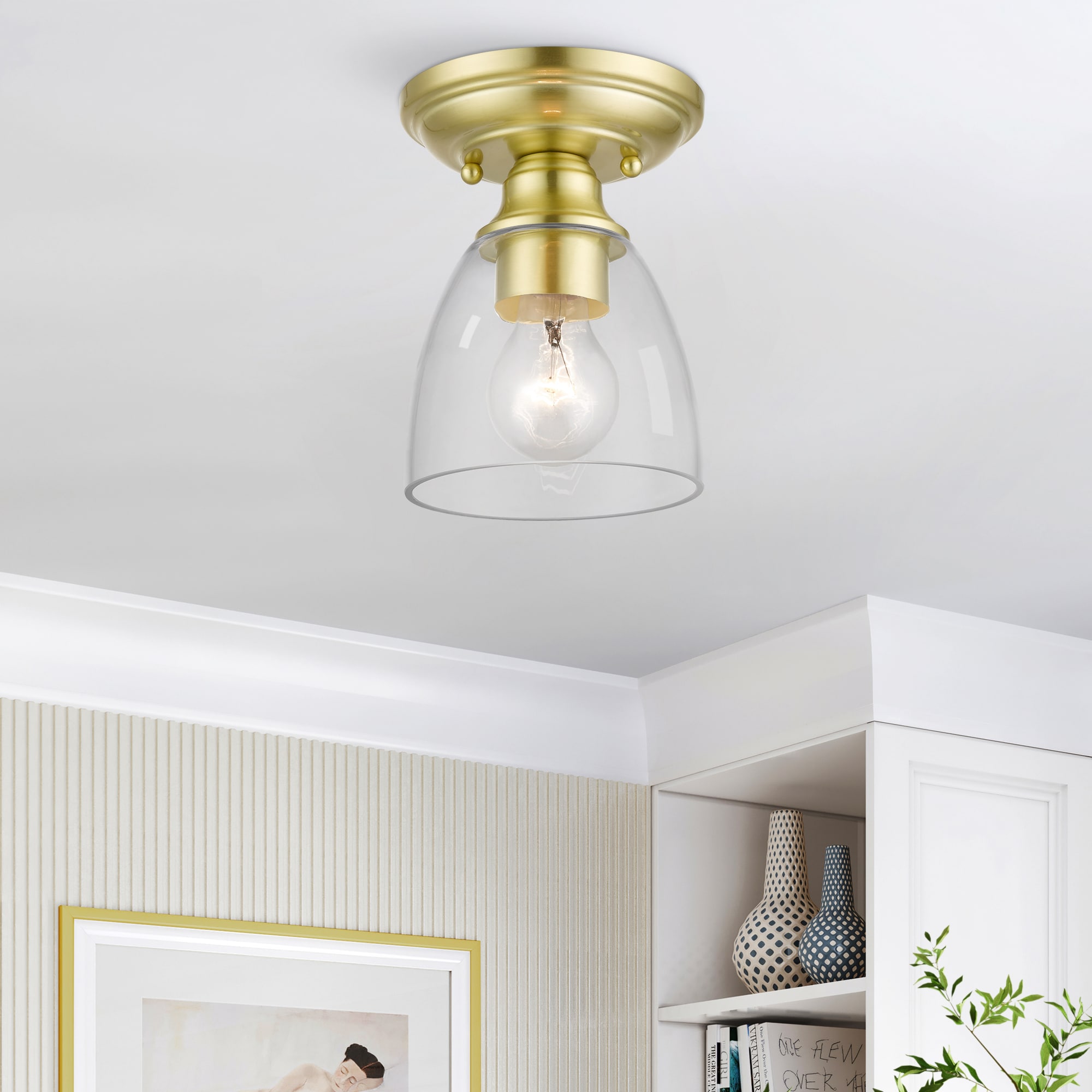 Satin Brass and Clear Glass 1-Light Flush Mount