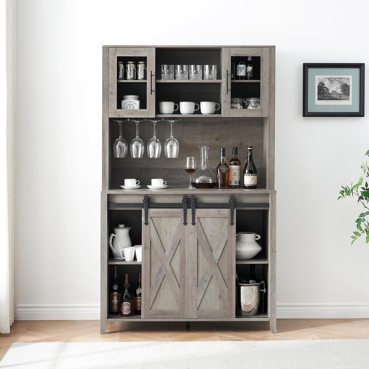 Garvee 70 Inch Farmhouse Barn Door Wine and Coffee Hub - Tall Hutch Buffet with 6-Bottle Rack and 12 Glass Holder for Kitchen/ Gray