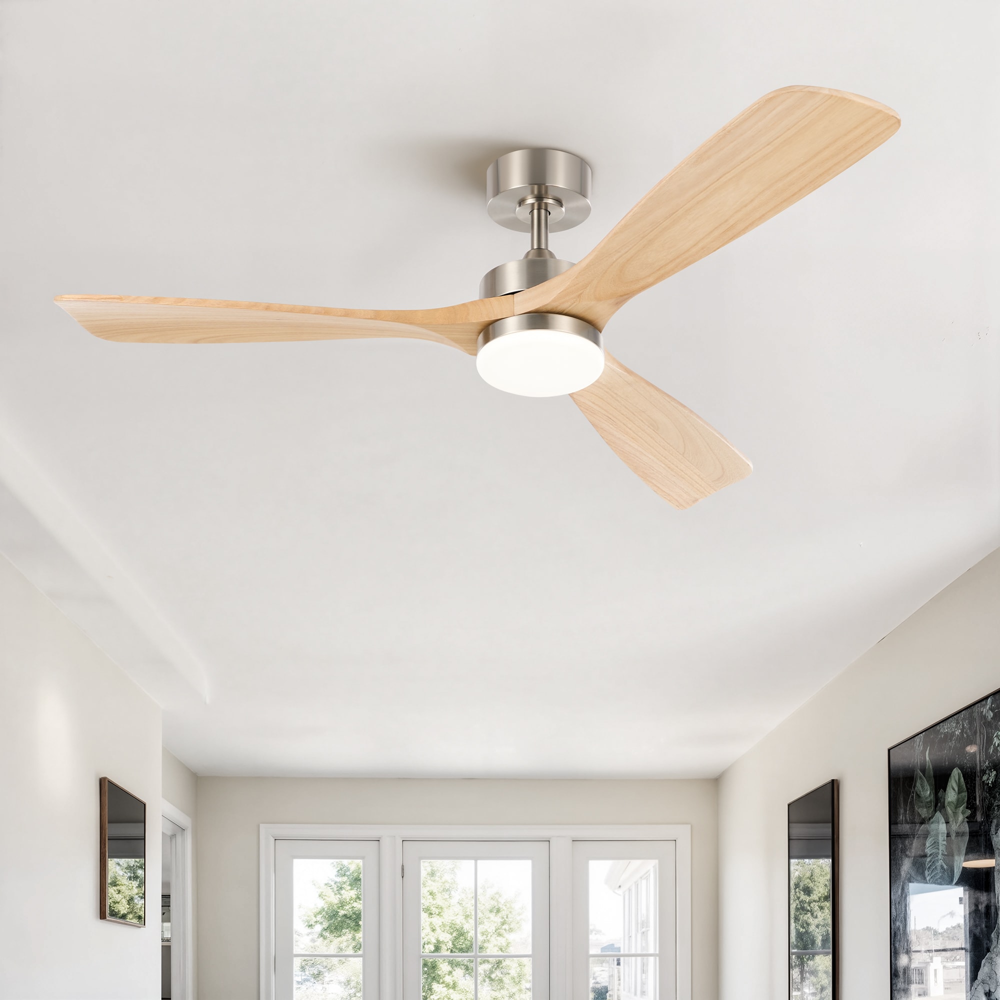 CO-Z CFN-1309-NI 52-in Color-Changing Integrated LED Brushed Nickel with Light Wood Grain Blades Ceiling Fan With Light - Remote Included ( 3 -Blade )