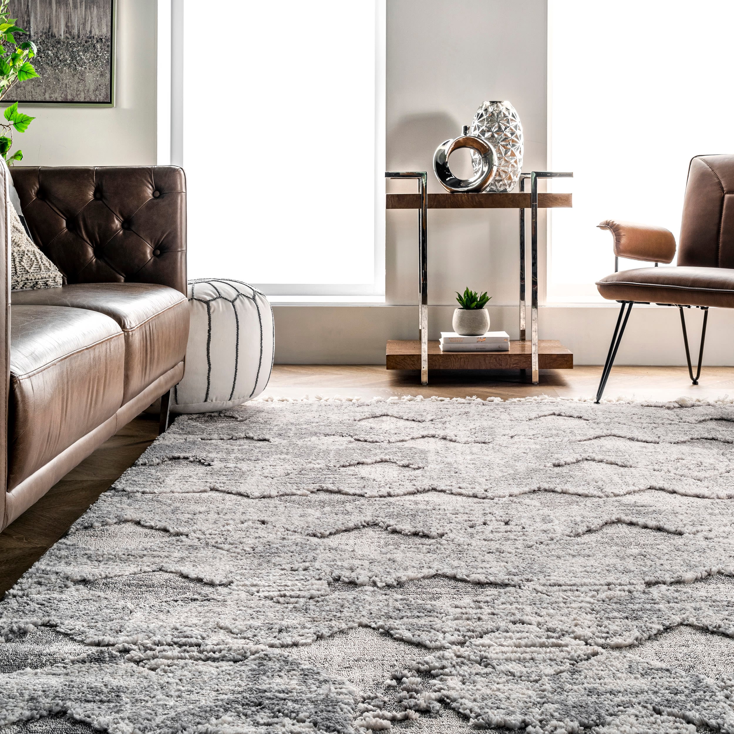 Light Grey Herringbone 9' x 12' Easy-Care Synthetic Rug