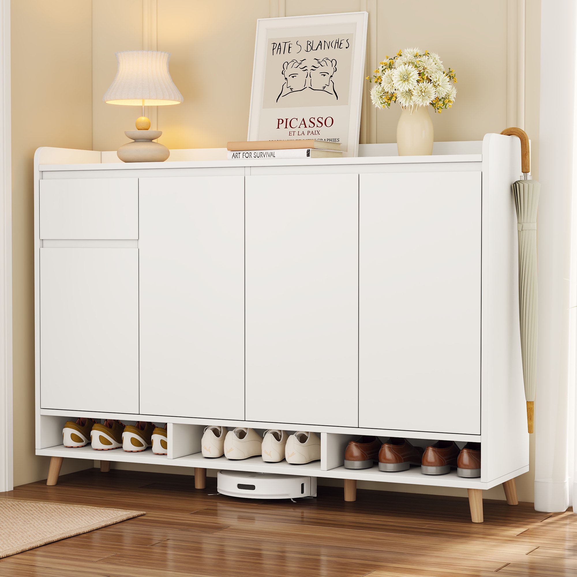 ModernLuxe WF321211AAK Sleek and Contemporary Shoe Cabinet with Adjustable ShelvesMinimalist Home Organizer with Solid Wood LegsStorage Sideboard for EntrywayLiving RoomWhite