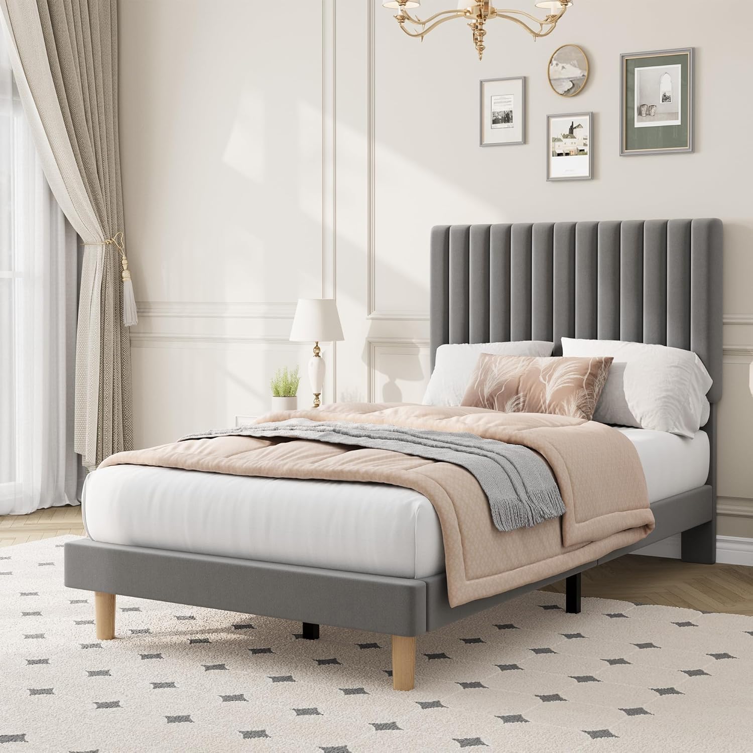 Twin Size Light Grey Velvet Upholstered Platform Bed Frame With Vertical Channel Tufted Height Adjustable Headboard No Box Spring Needed